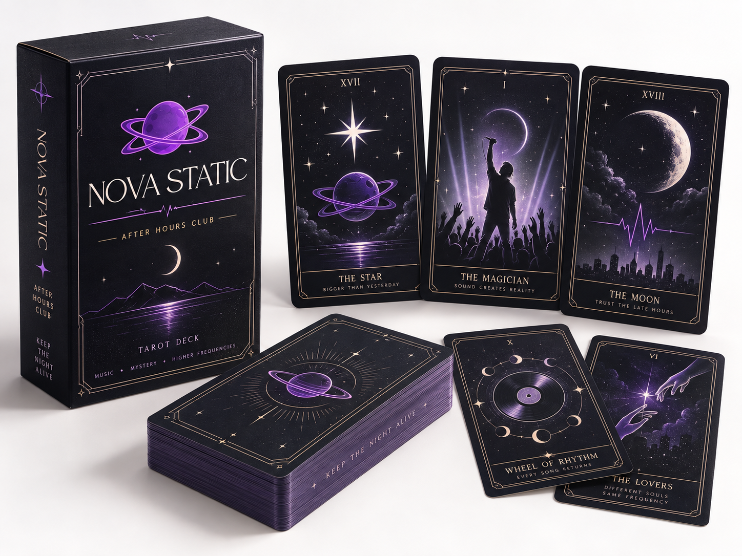 Custom band tarot deck featuring Nova Static artwork and music-inspired card designs