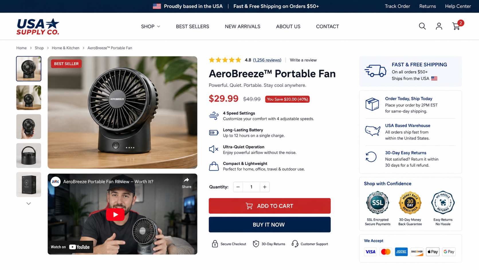US Shopify dropshipping store trust signals and product page design