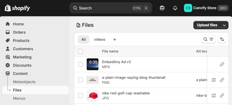 upload files to shopify