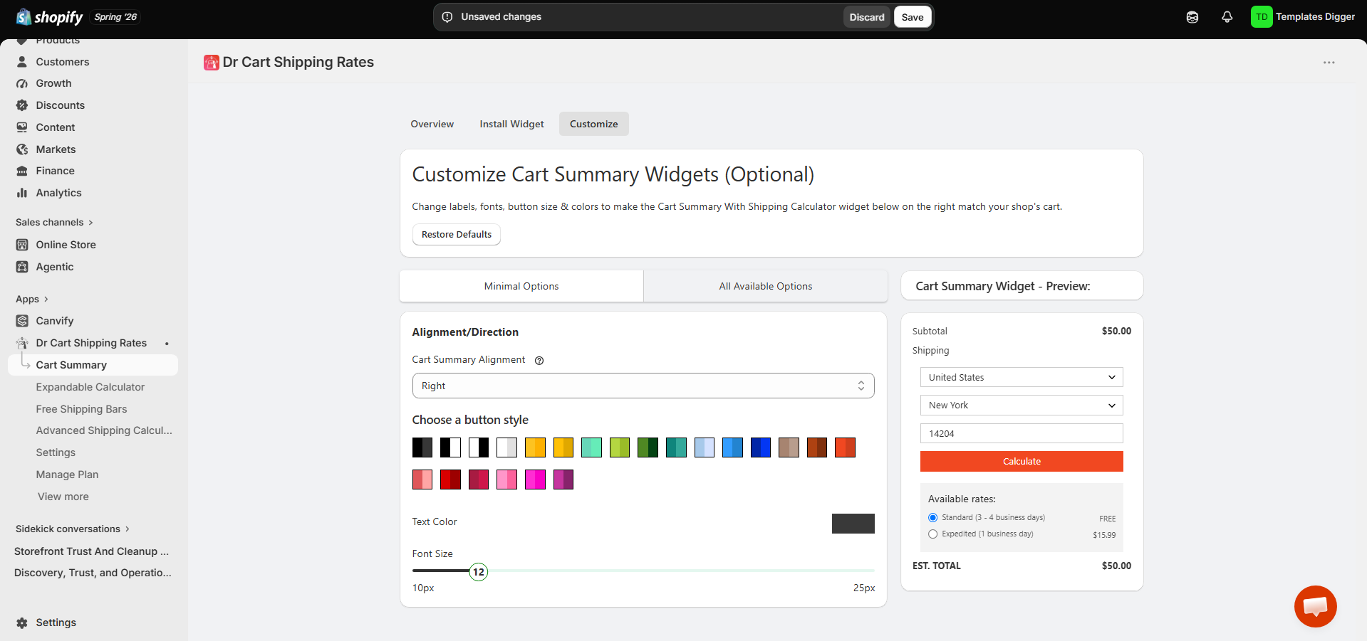 Dr Cart Cart Summary widget settings in Shopify