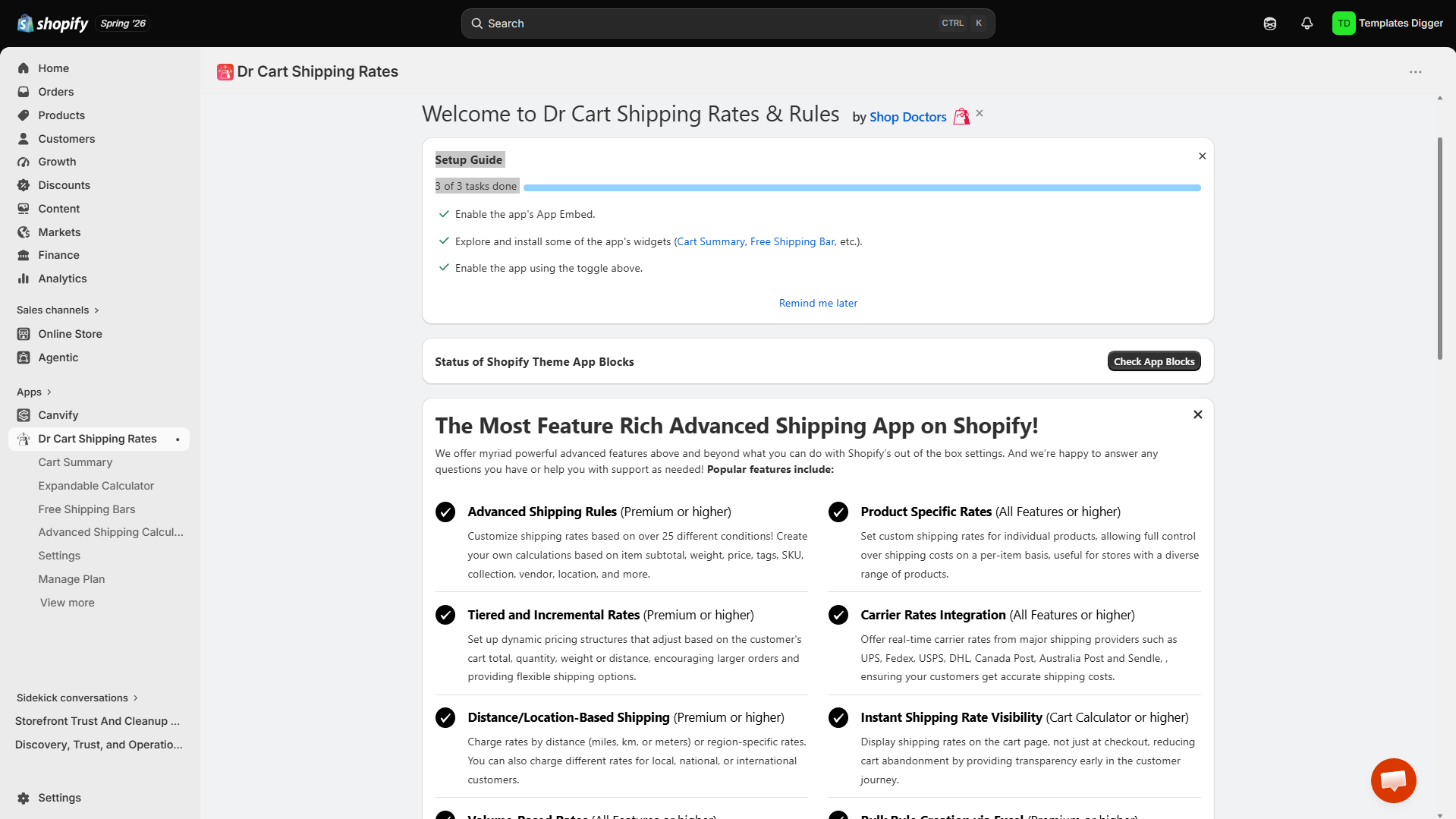 Dr Cart Shipping Rates app dashboard in Shopify