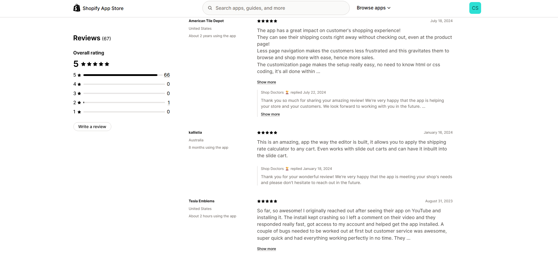 Dr Cart Shipping Rates customer reviews in the Shopify App Store