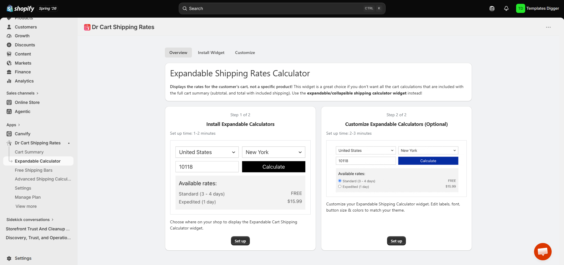Dr Cart expandable shipping calculator widget configuration