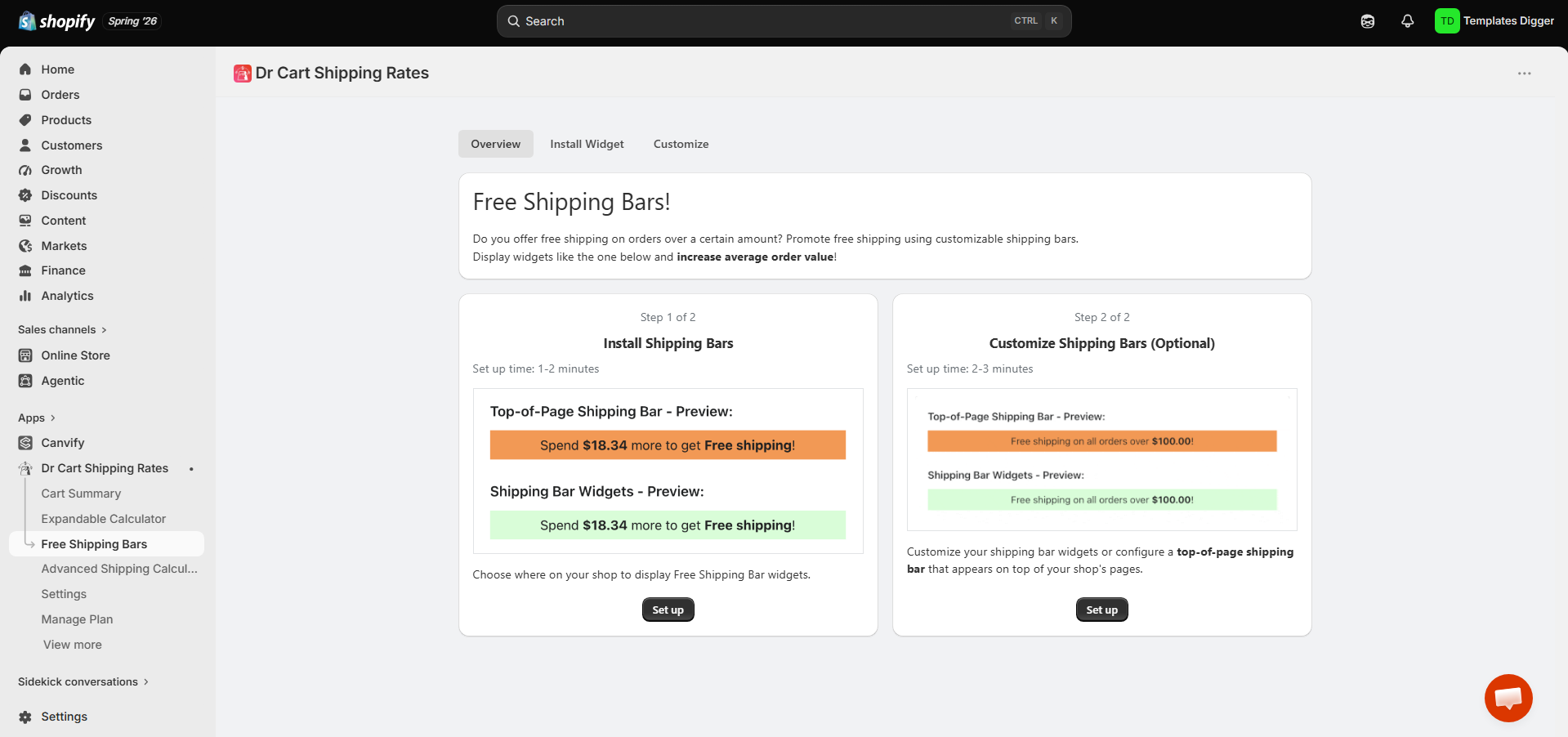 Dr Cart free shipping bar widget configuration