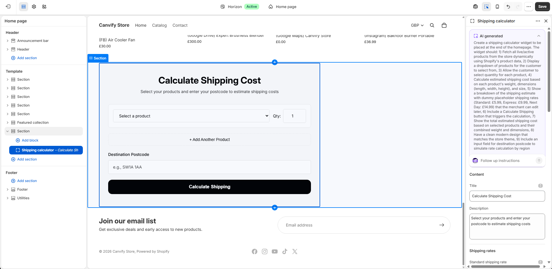 Shopify Sidekick interface for creating a shipping calculator