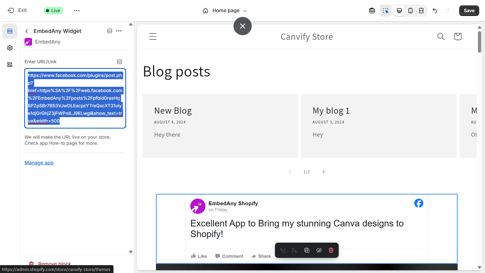 Paste review link in EmbedAny block – Embed Facebook Reviews to Shopify