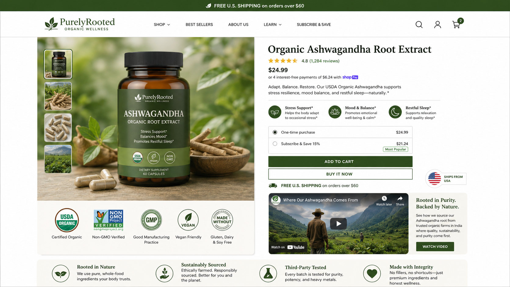 Organic wellness Shopify store GreenDropShip product page with embedded video