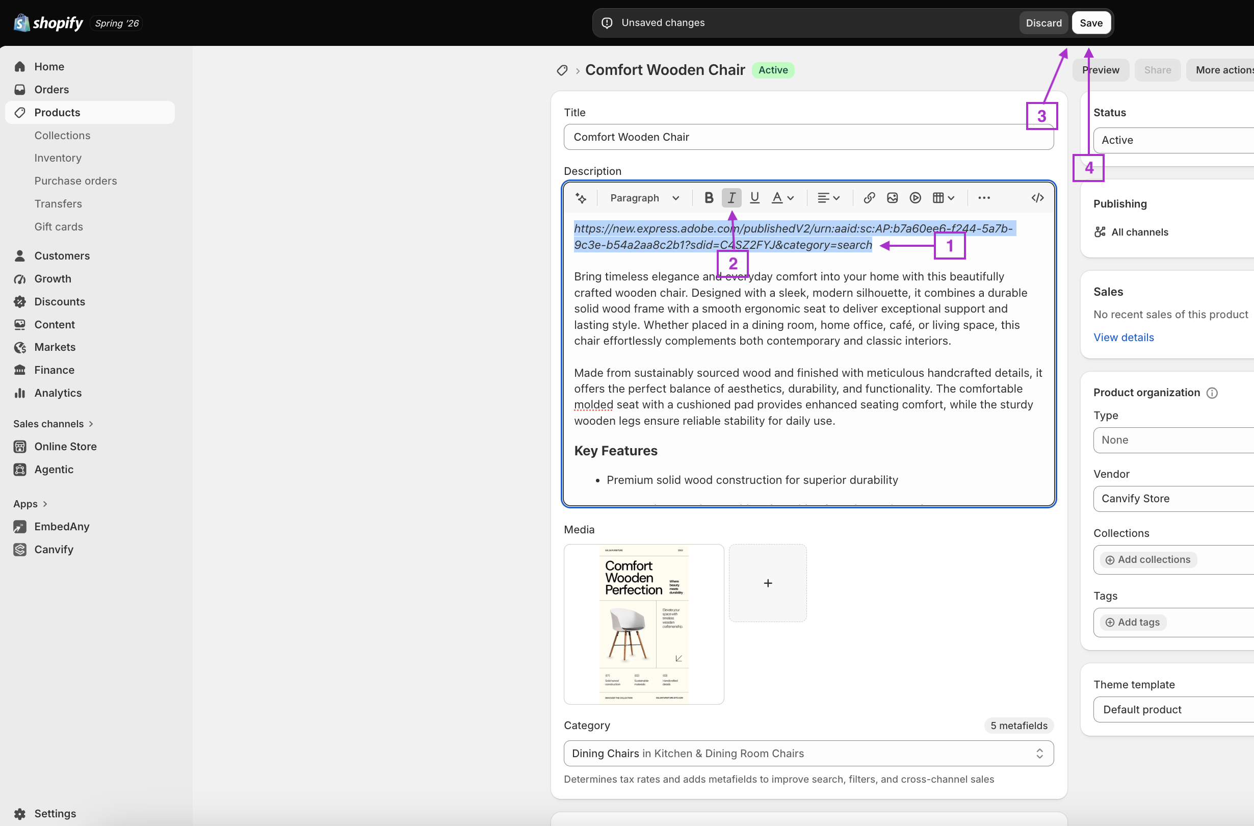 Pasting an Adobe Express link in the Shopify editor and making it italic