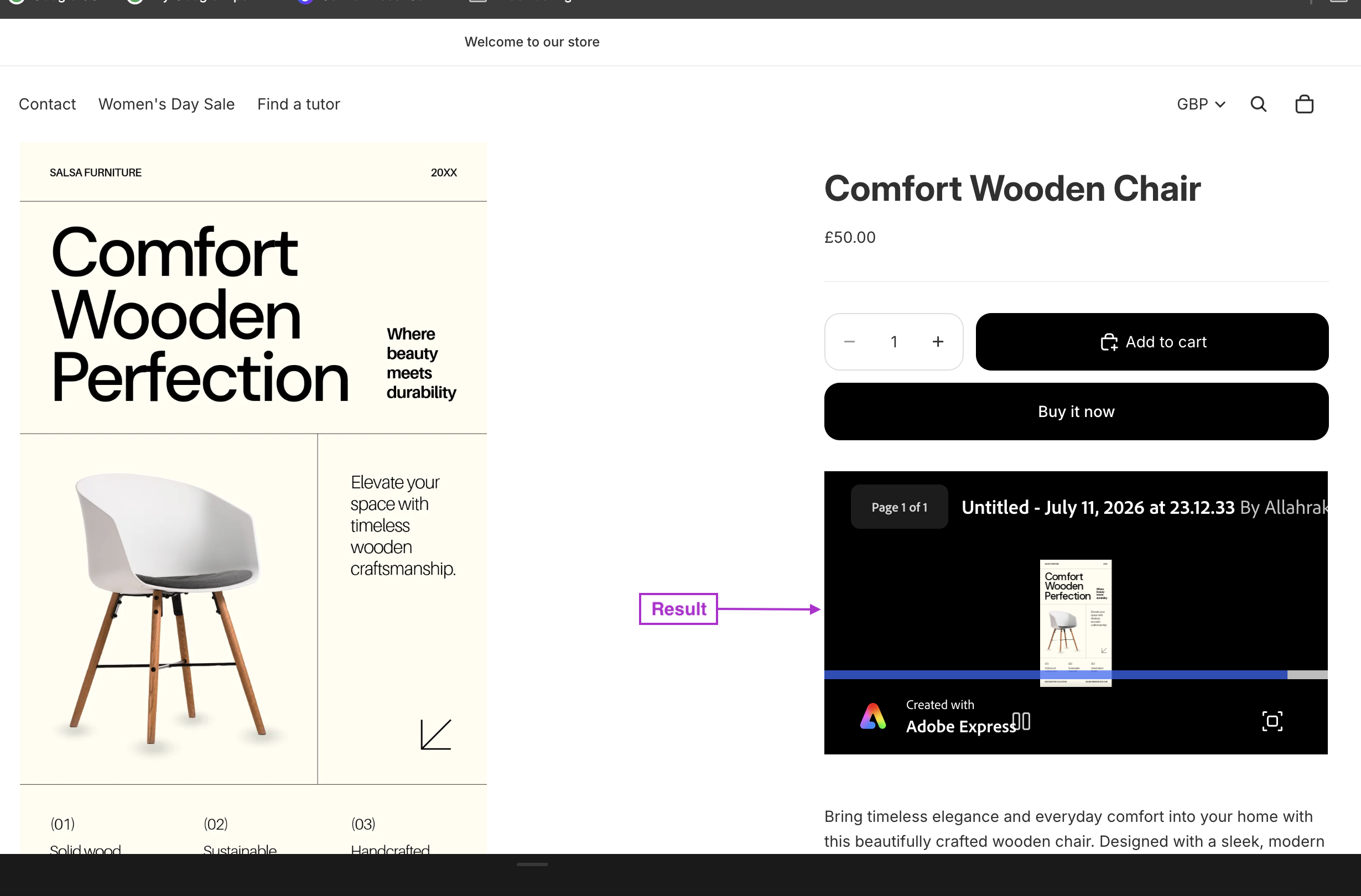 Adobe Express design showing up on the storefront