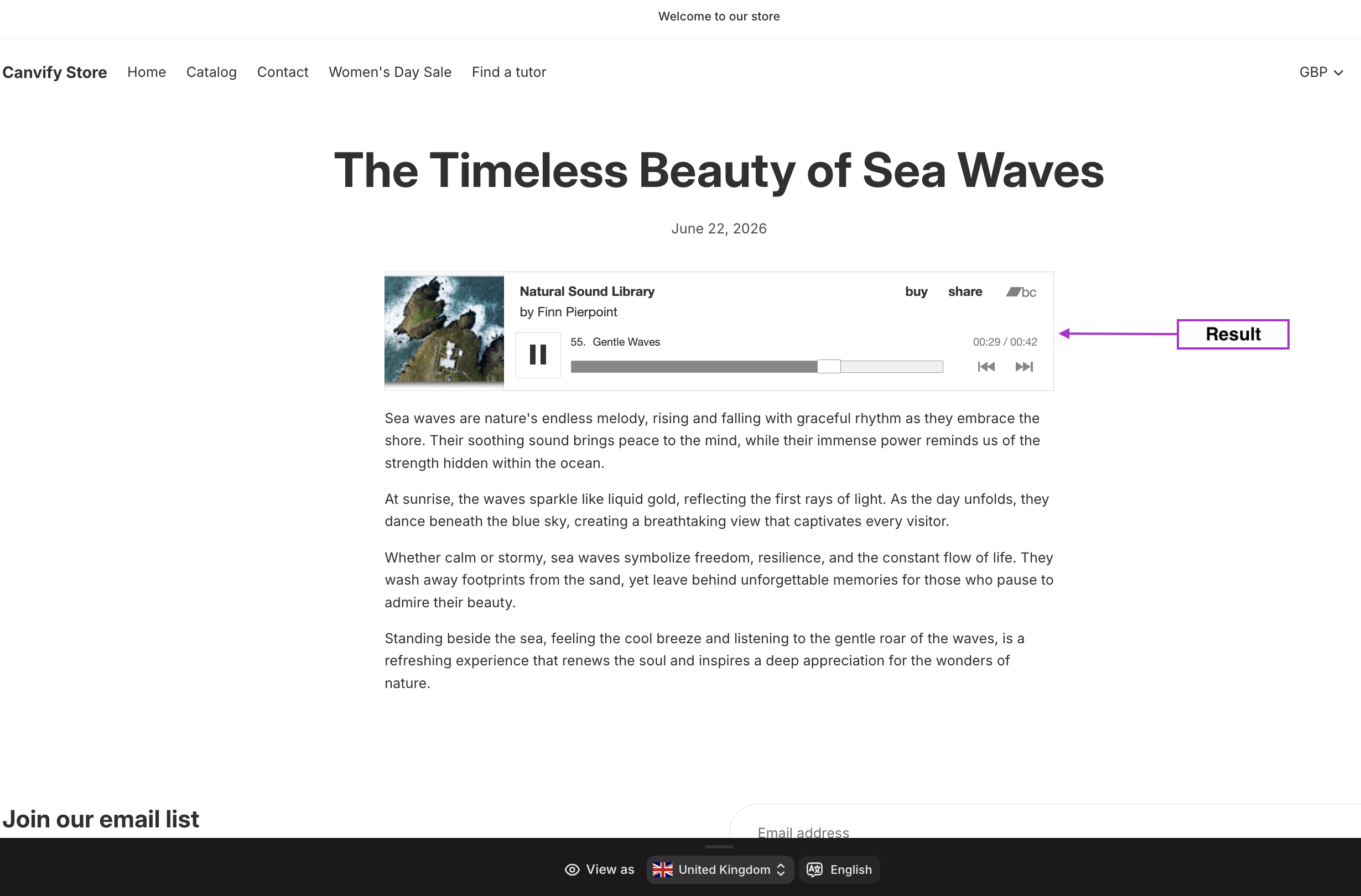 Bandcamp player playing on the store page