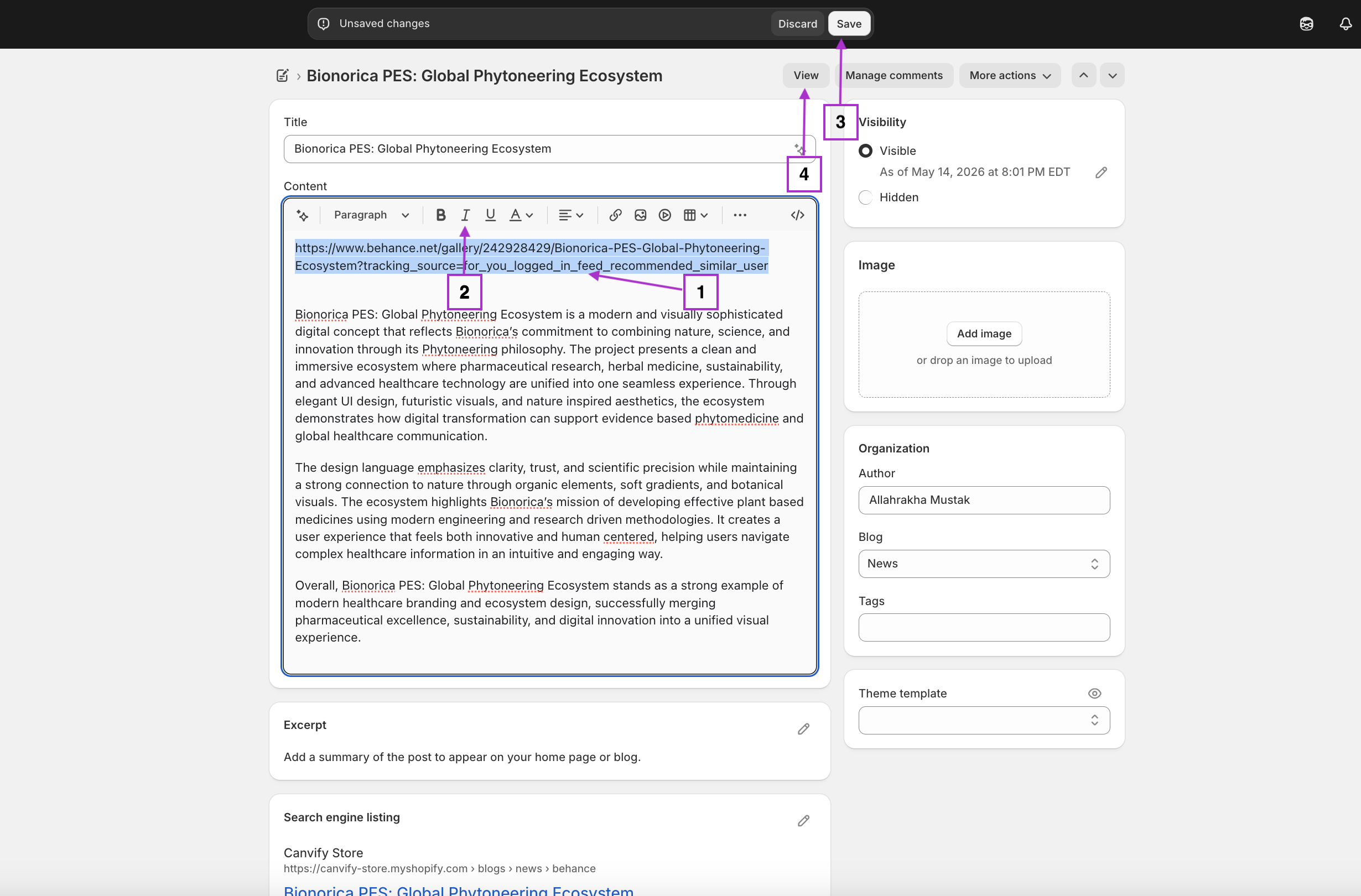 The link italicised in Shopify