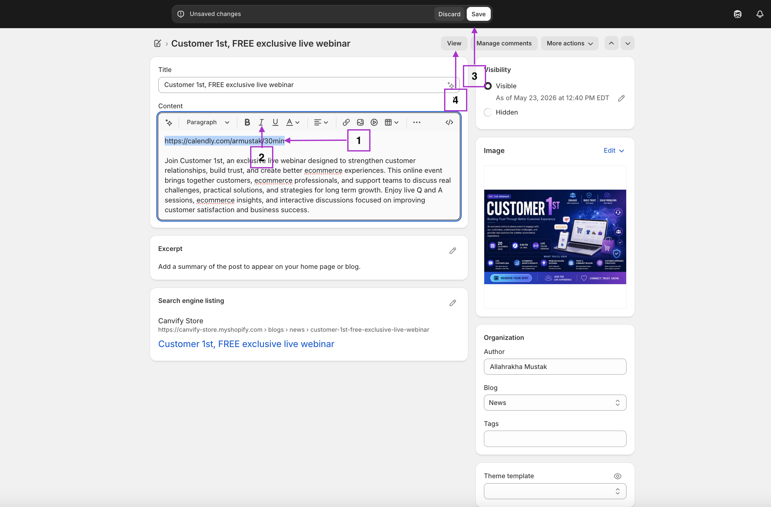 The link italicised in Shopify