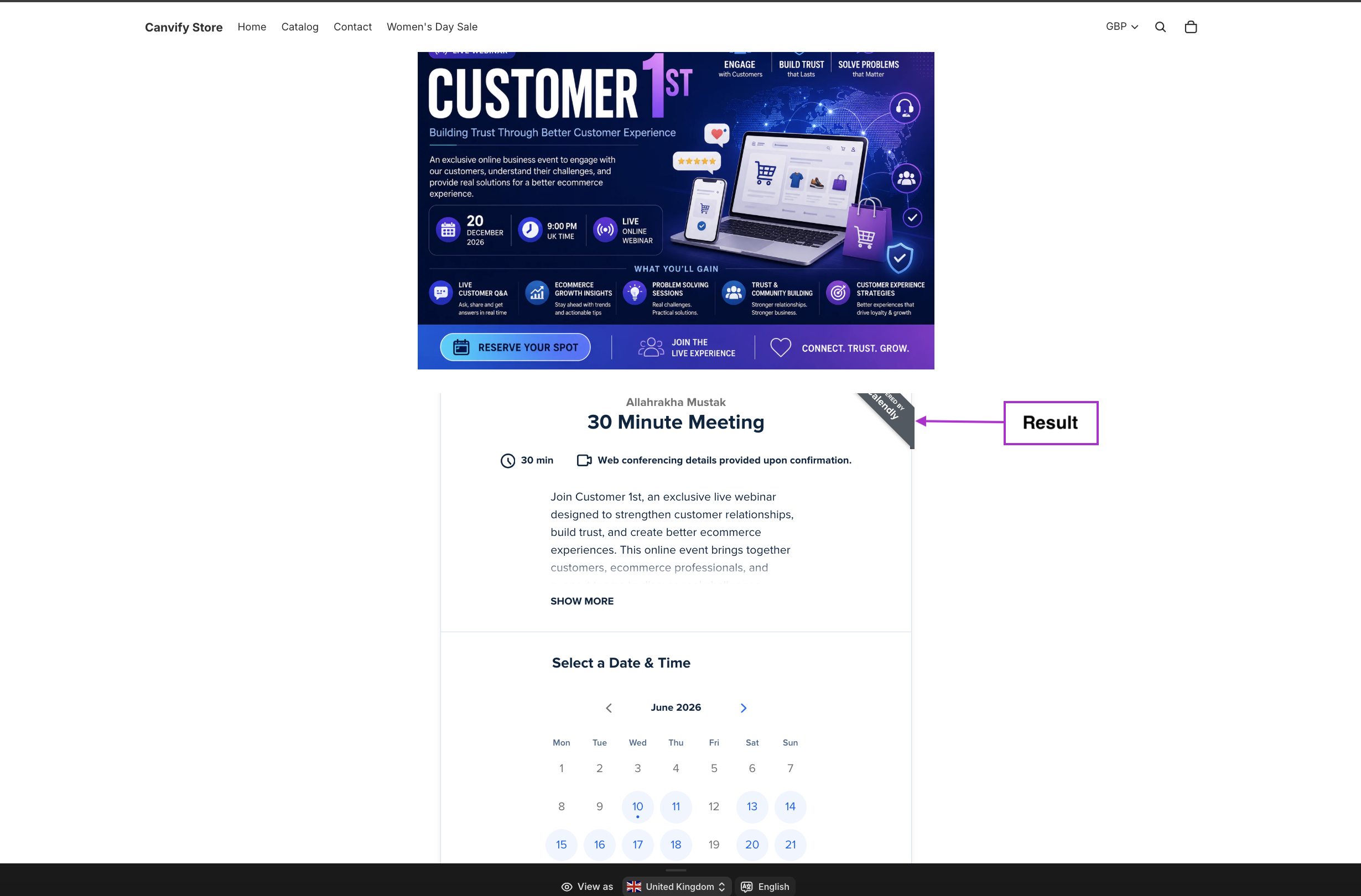 Calendly scheduling widget embedded on the store