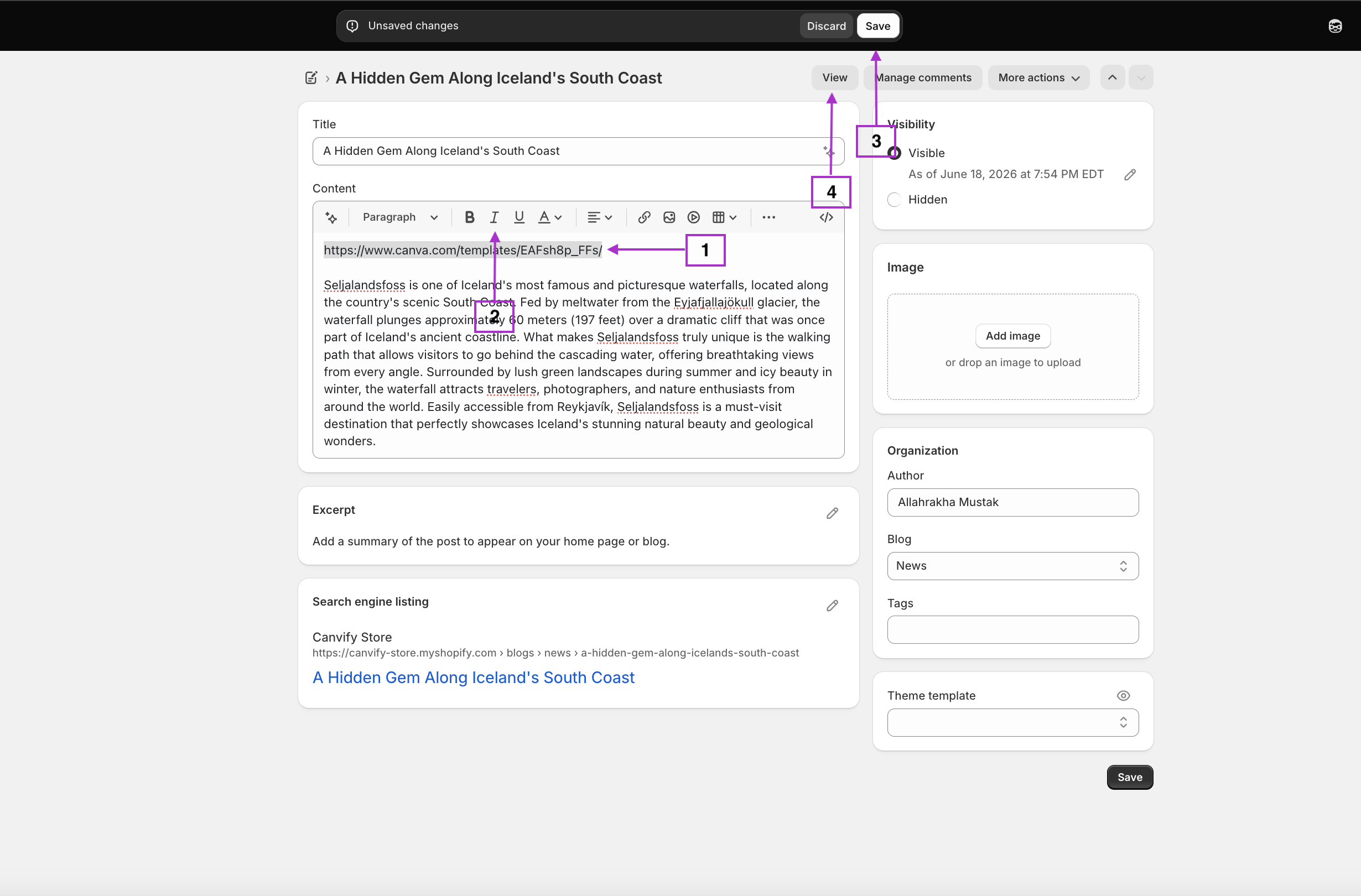 The link italicised in Shopify