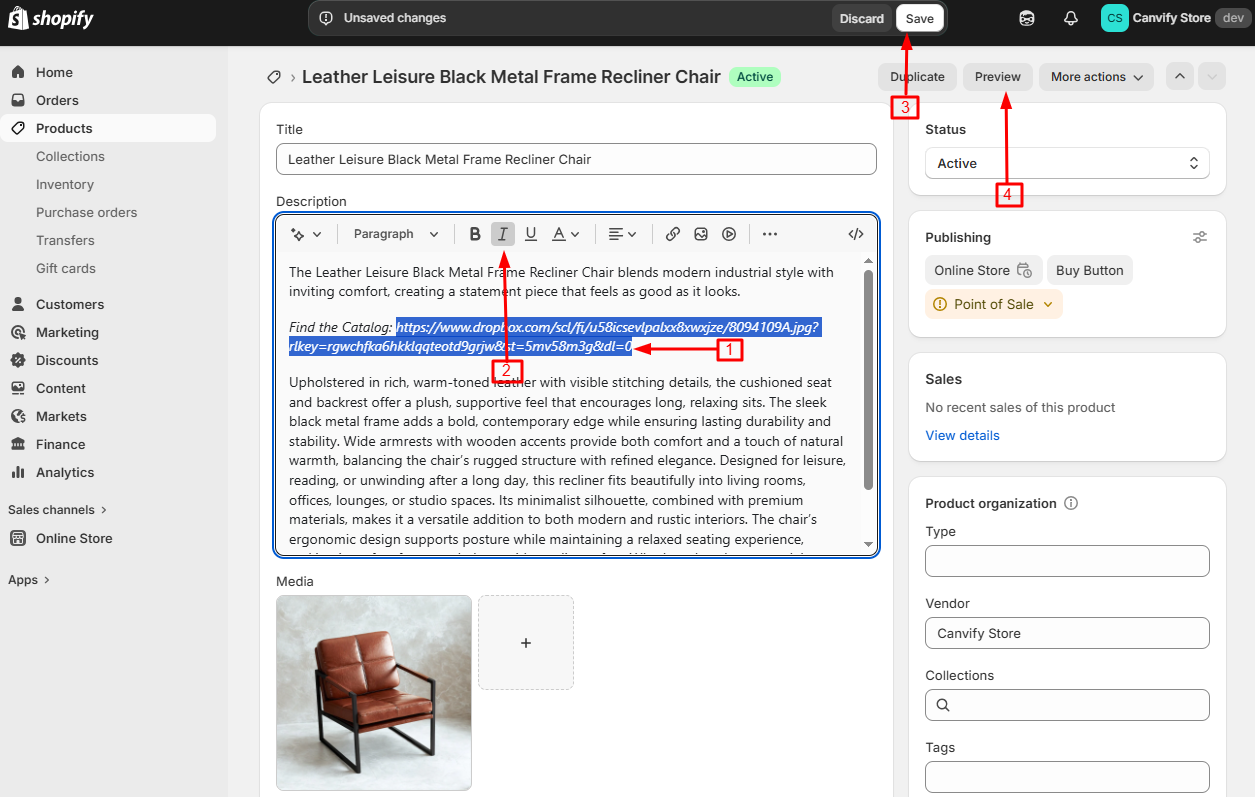 The link italicised in Shopify