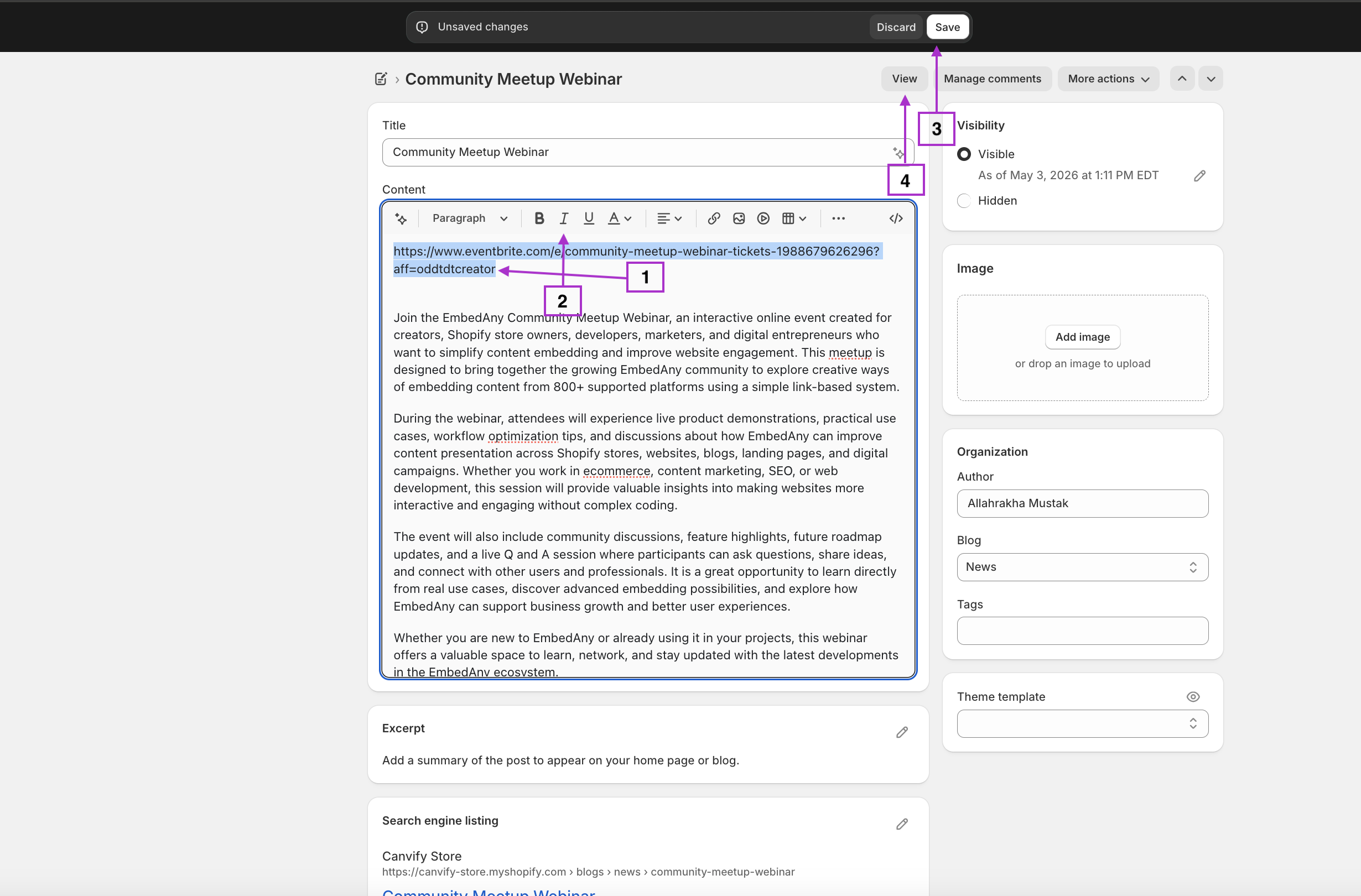 The link italicised in Shopify