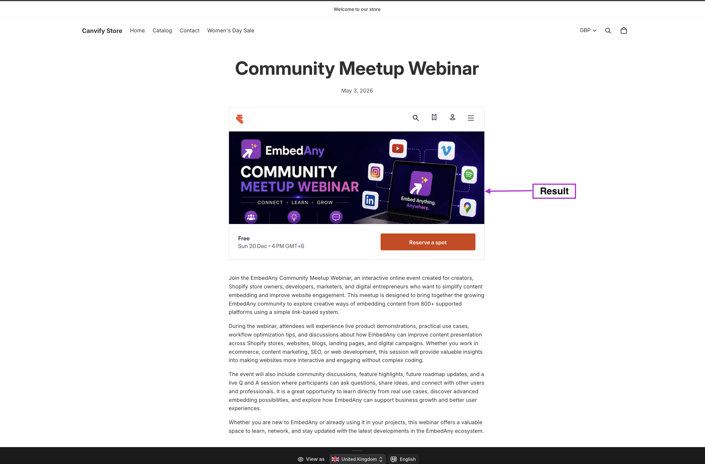 Eventbrite event embedded on the store