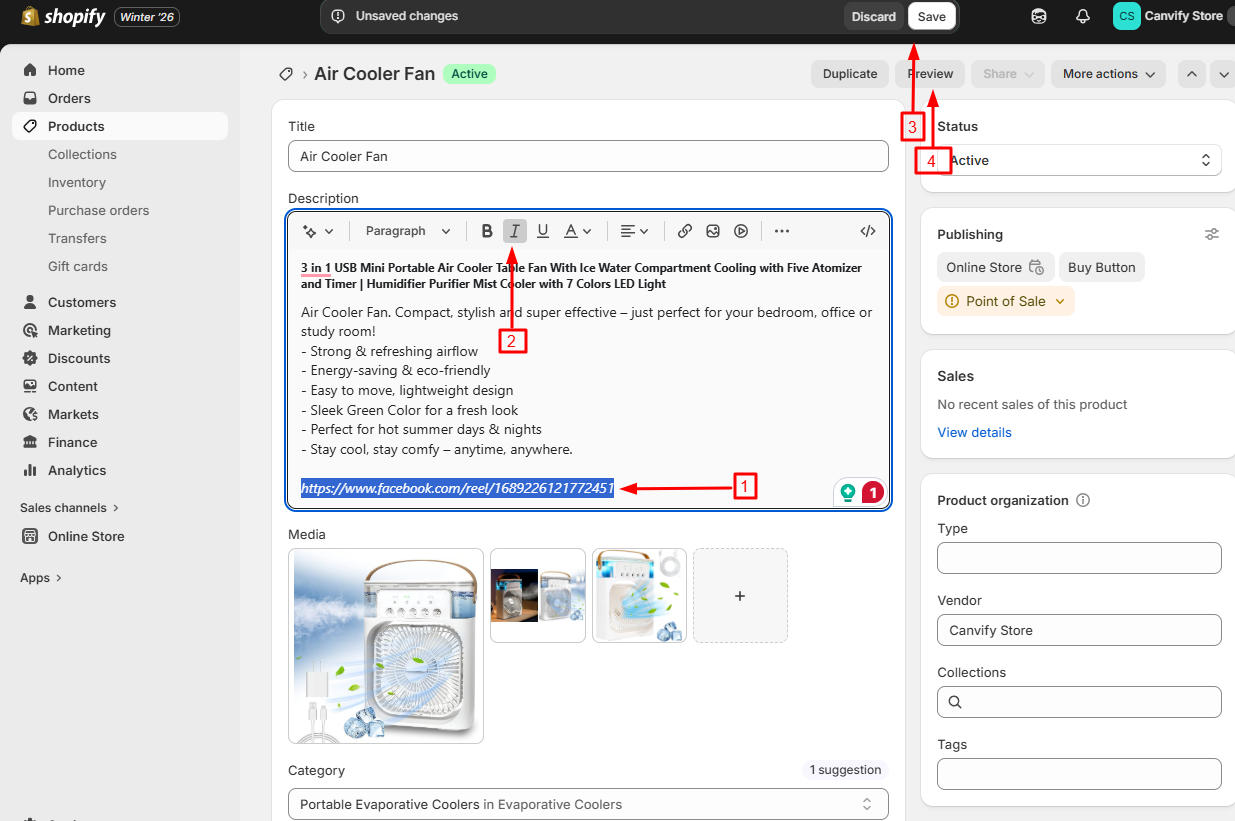 Pasting and italicising the Facebook link in Shopify admin