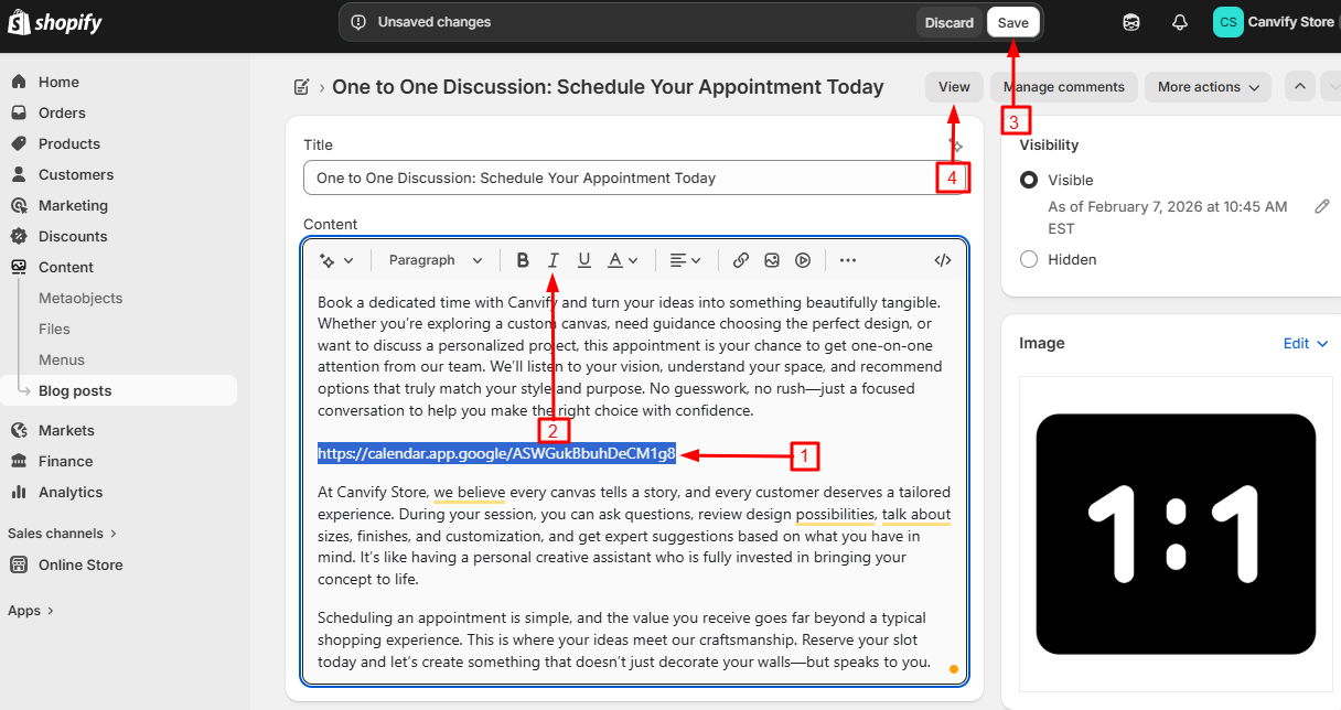 The link italicised in Shopify
