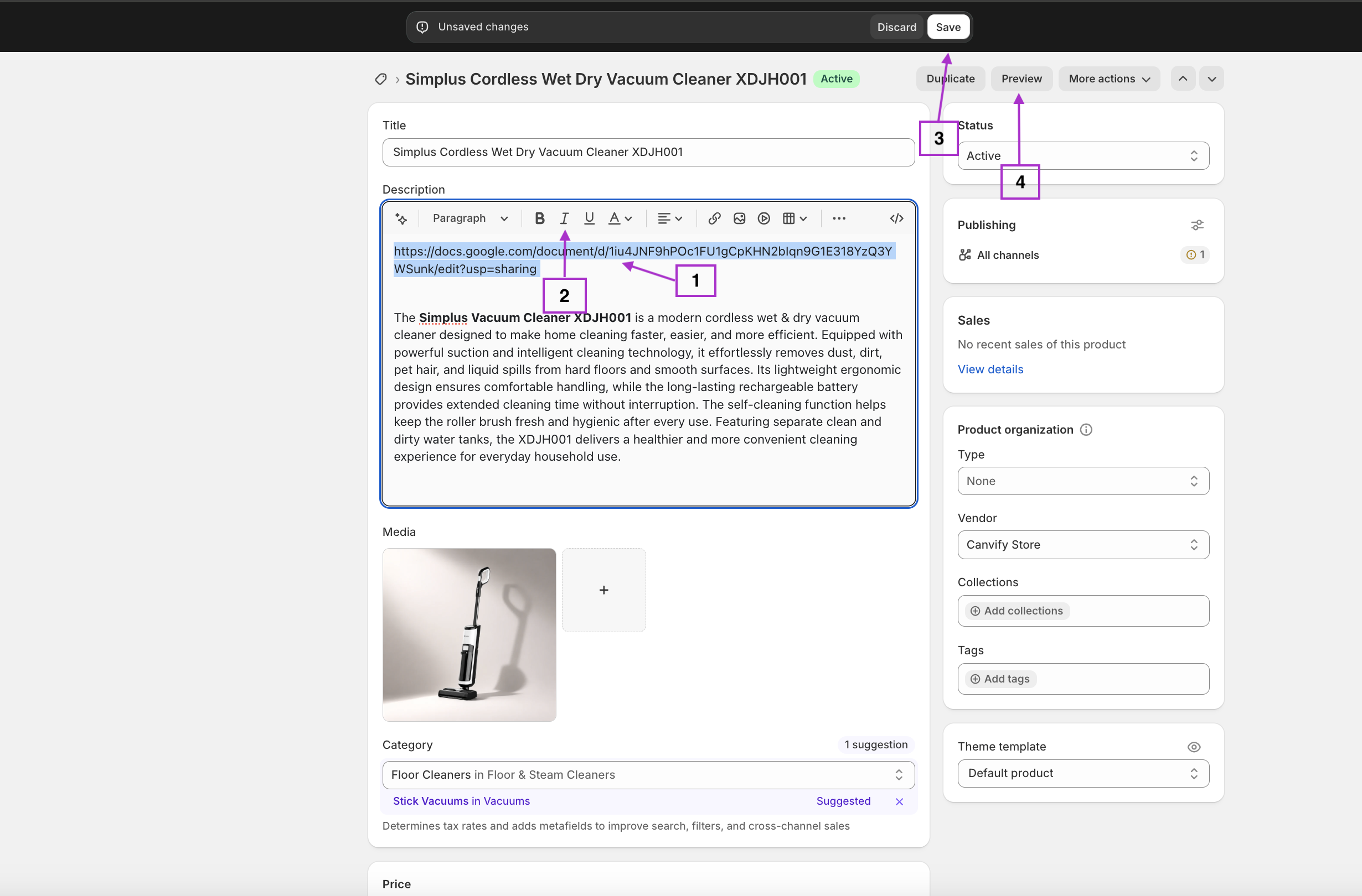 The link italicised in Shopify