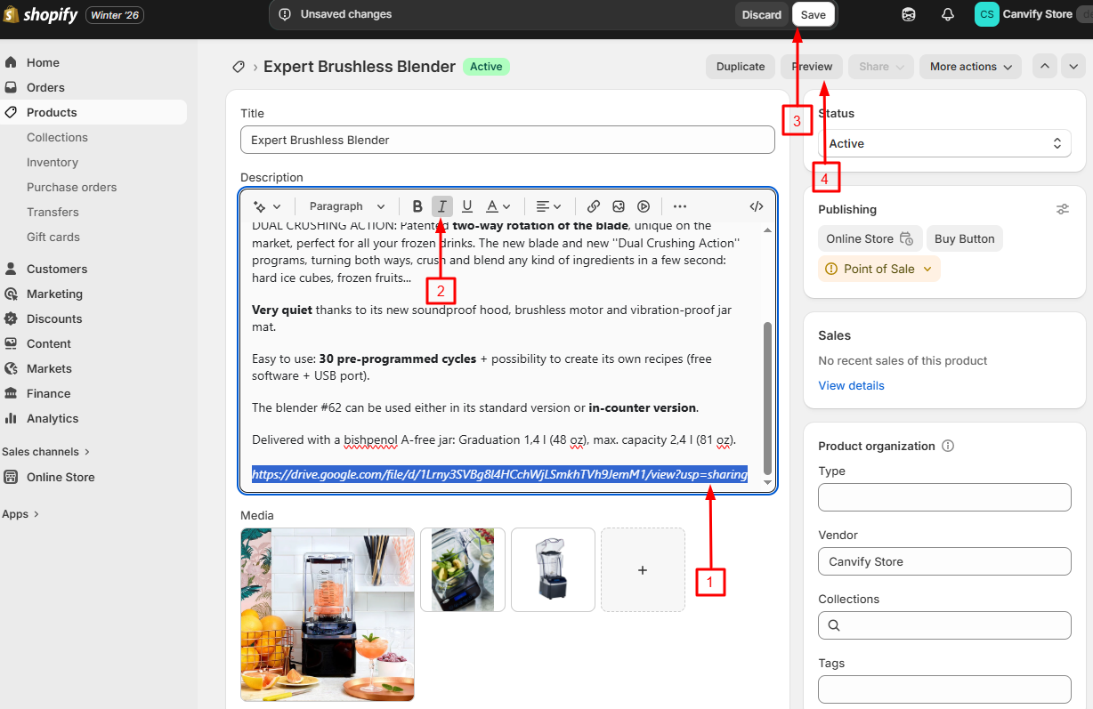 The link italicised in Shopify