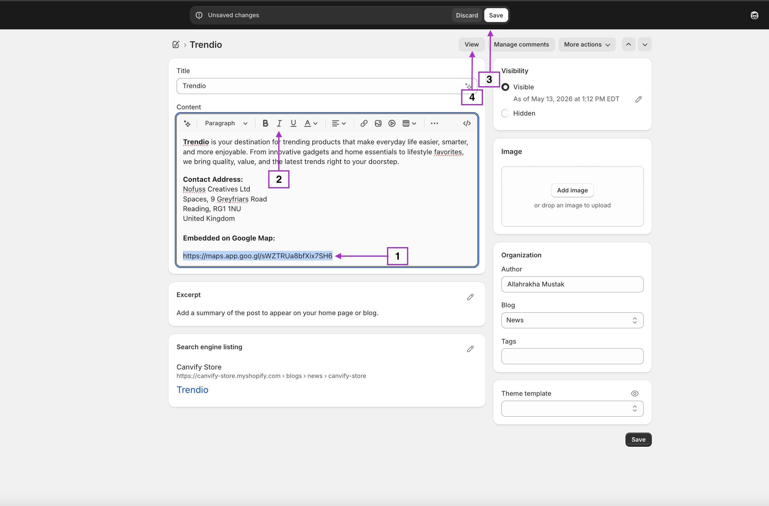 The link italicised in Shopify
