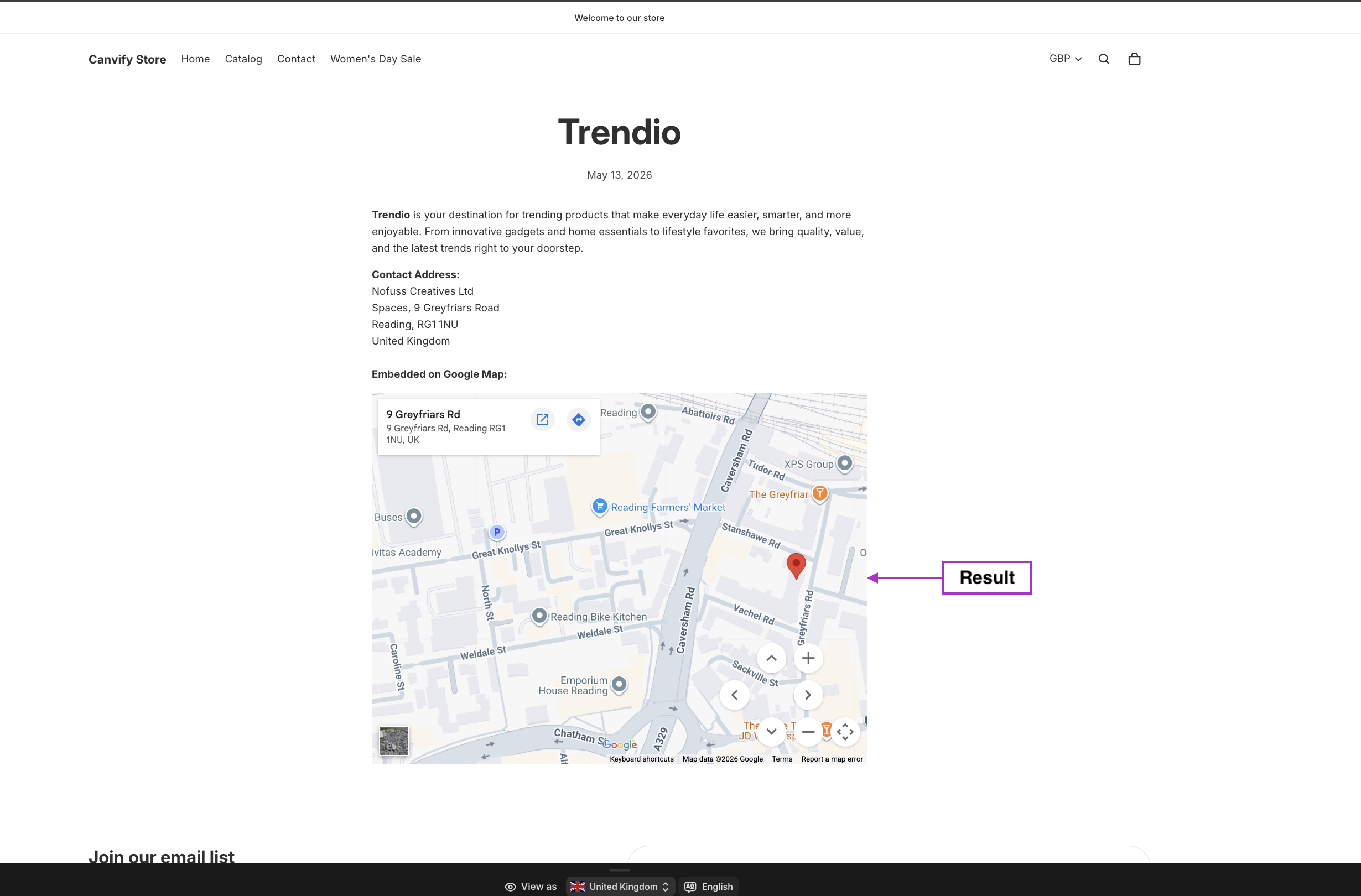 Google Map embedded on the store