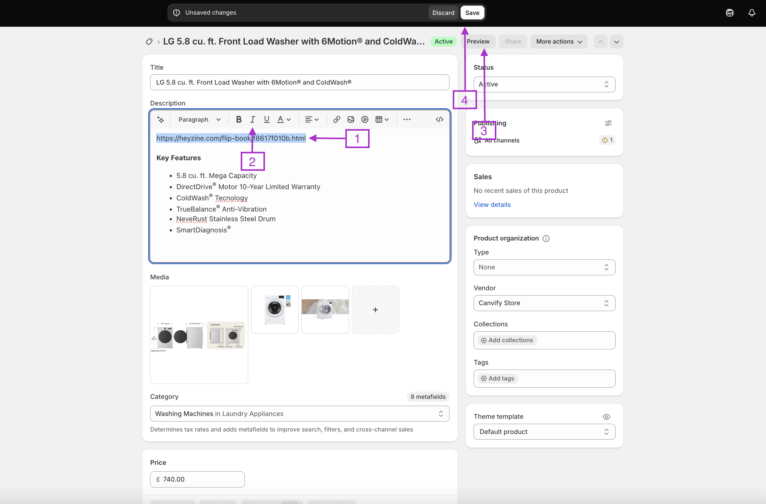 Heyzine link in the Shopify editor with italic applied