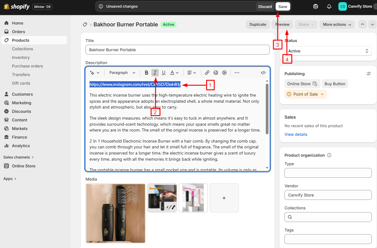 Pasting and italicising the Instagram link in Shopify admin