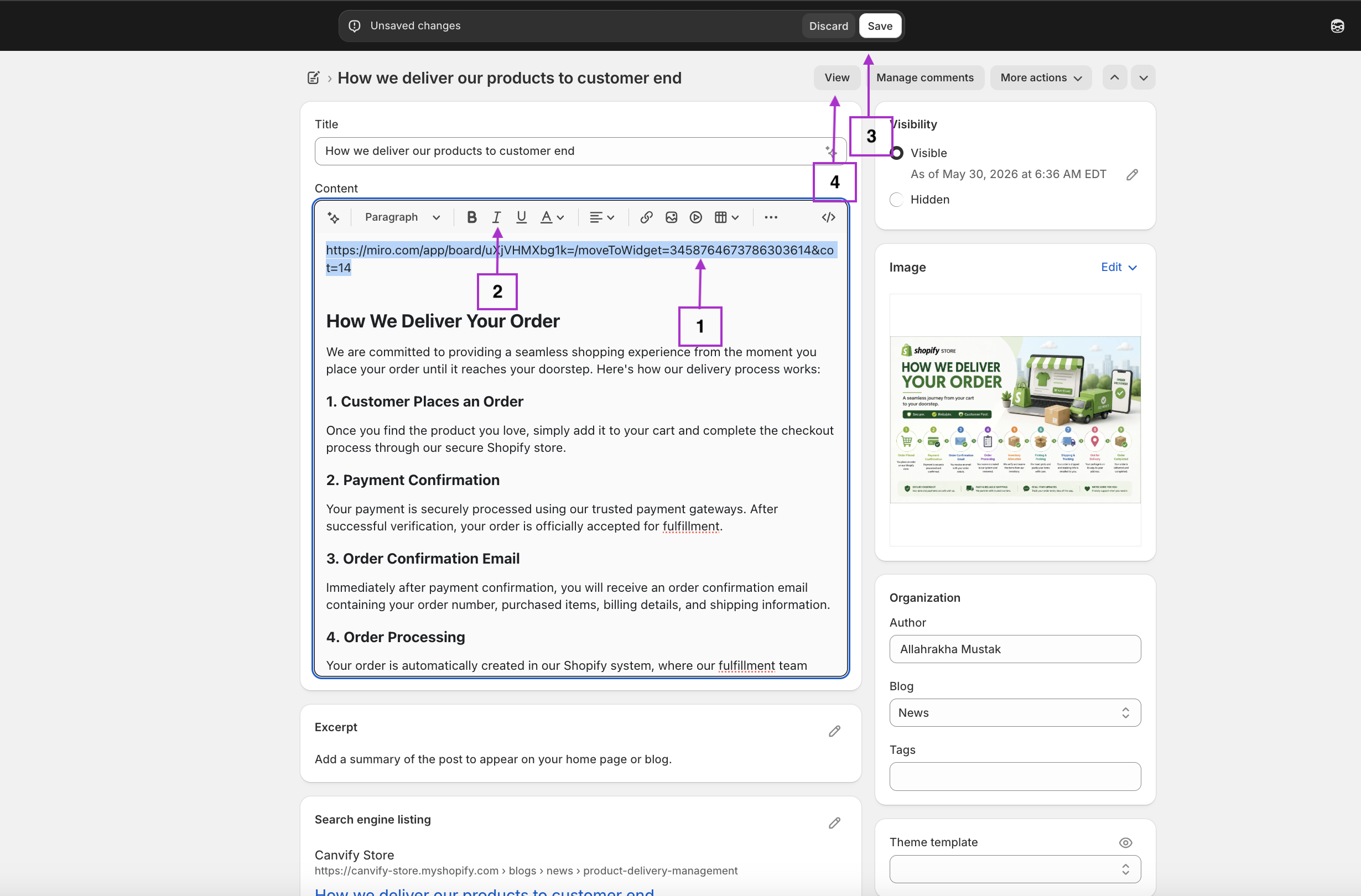 The link italicised in Shopify