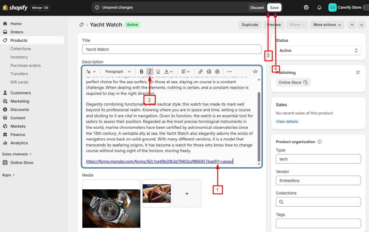 Pasting and italicising the Monday.com link in Shopify admin