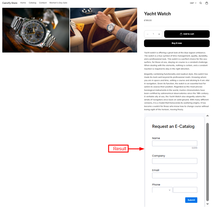 The embedded Monday.com form on the Shopify storefront