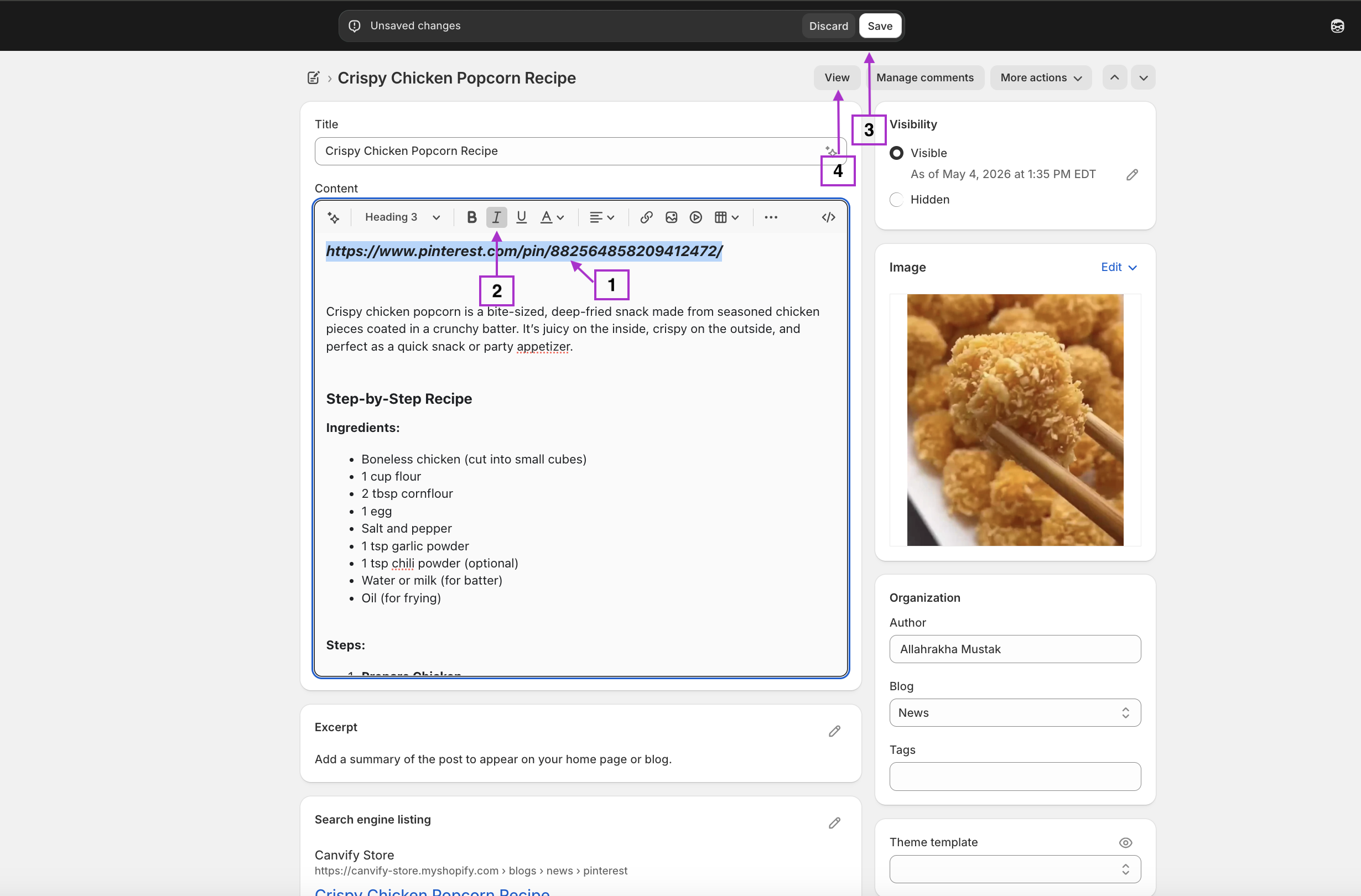 The link italicised in Shopify