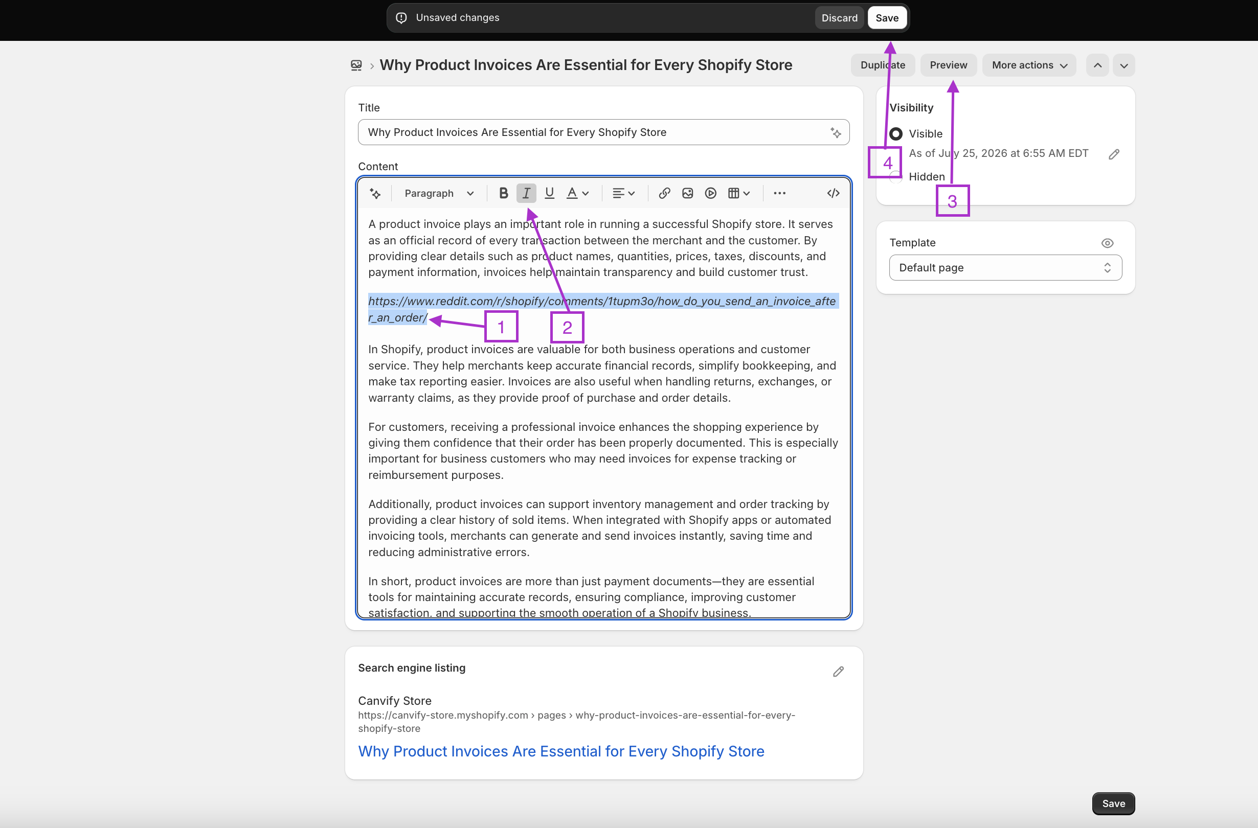 Reddit thread link highlighted and italicised in the editor