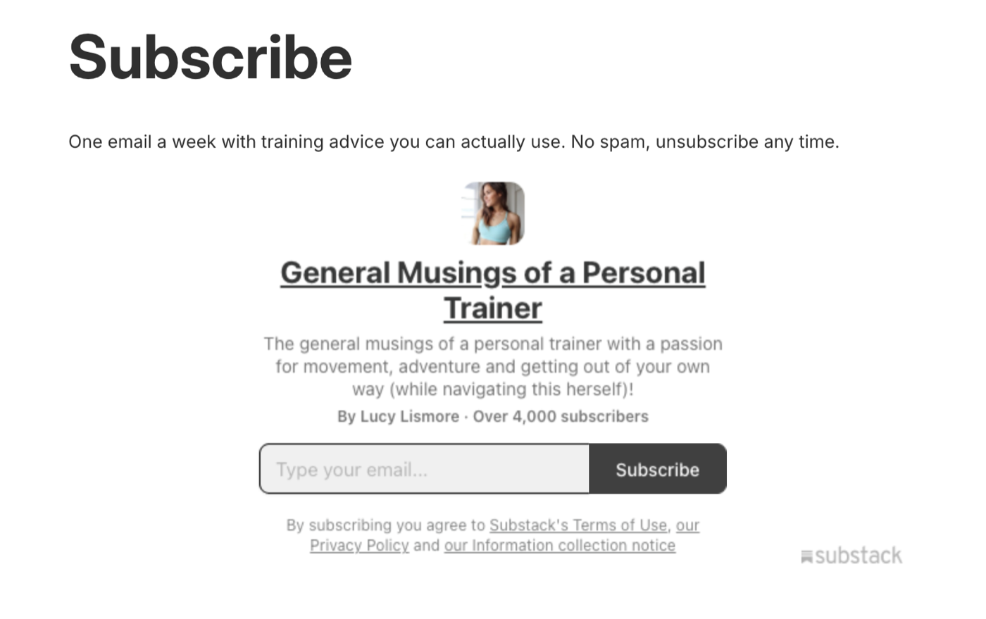 A Substack newsletter signup form embedded on a Shopify page