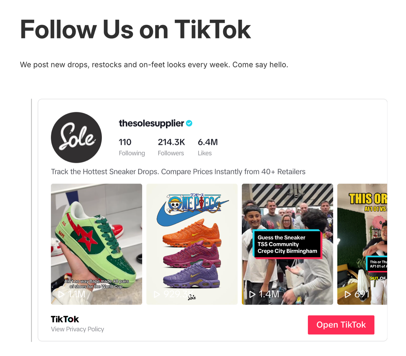 A shop's own TikTok feed embedded on a Shopify page