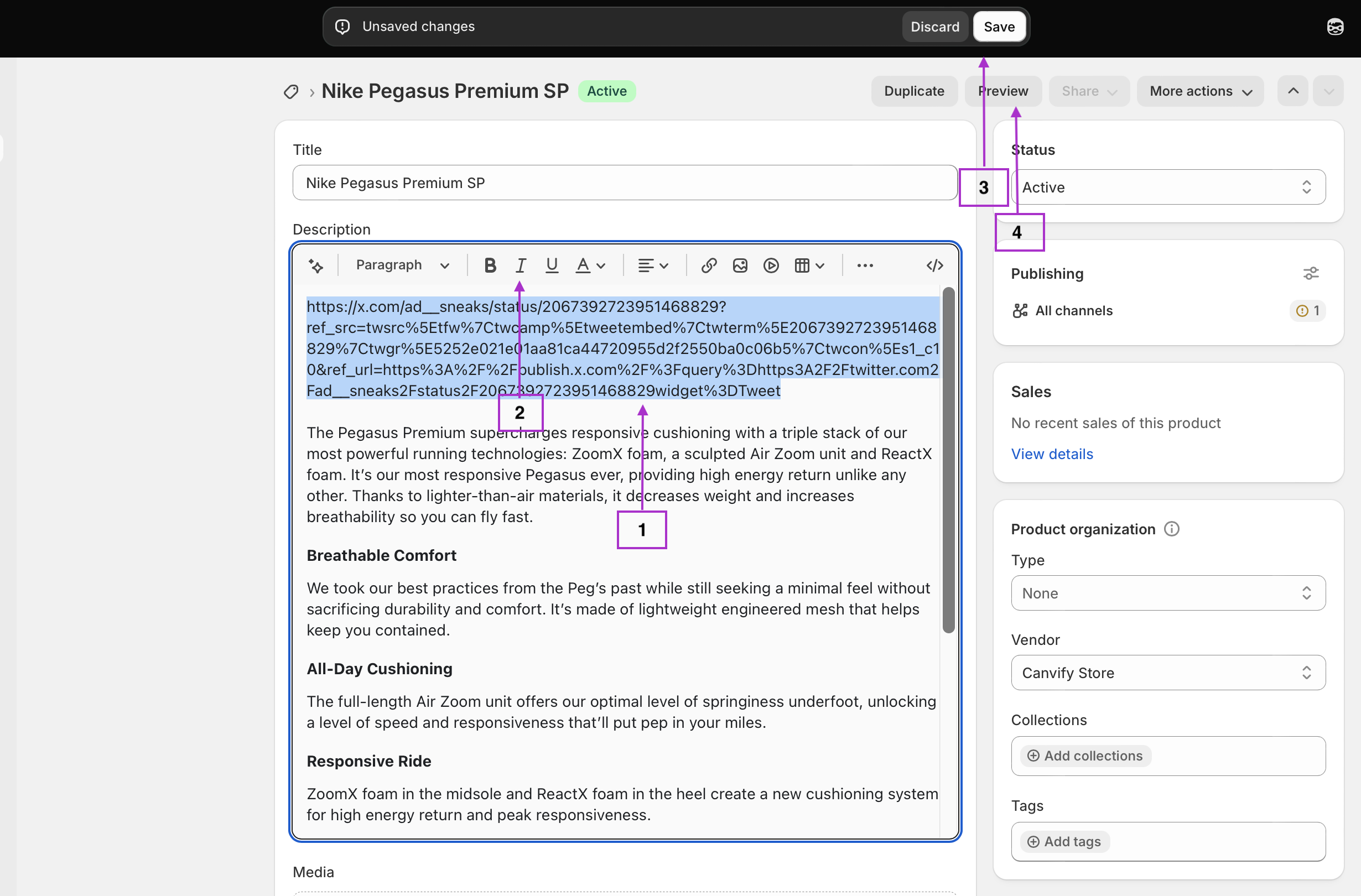 Pasting the X post link and clicking italic in Shopify