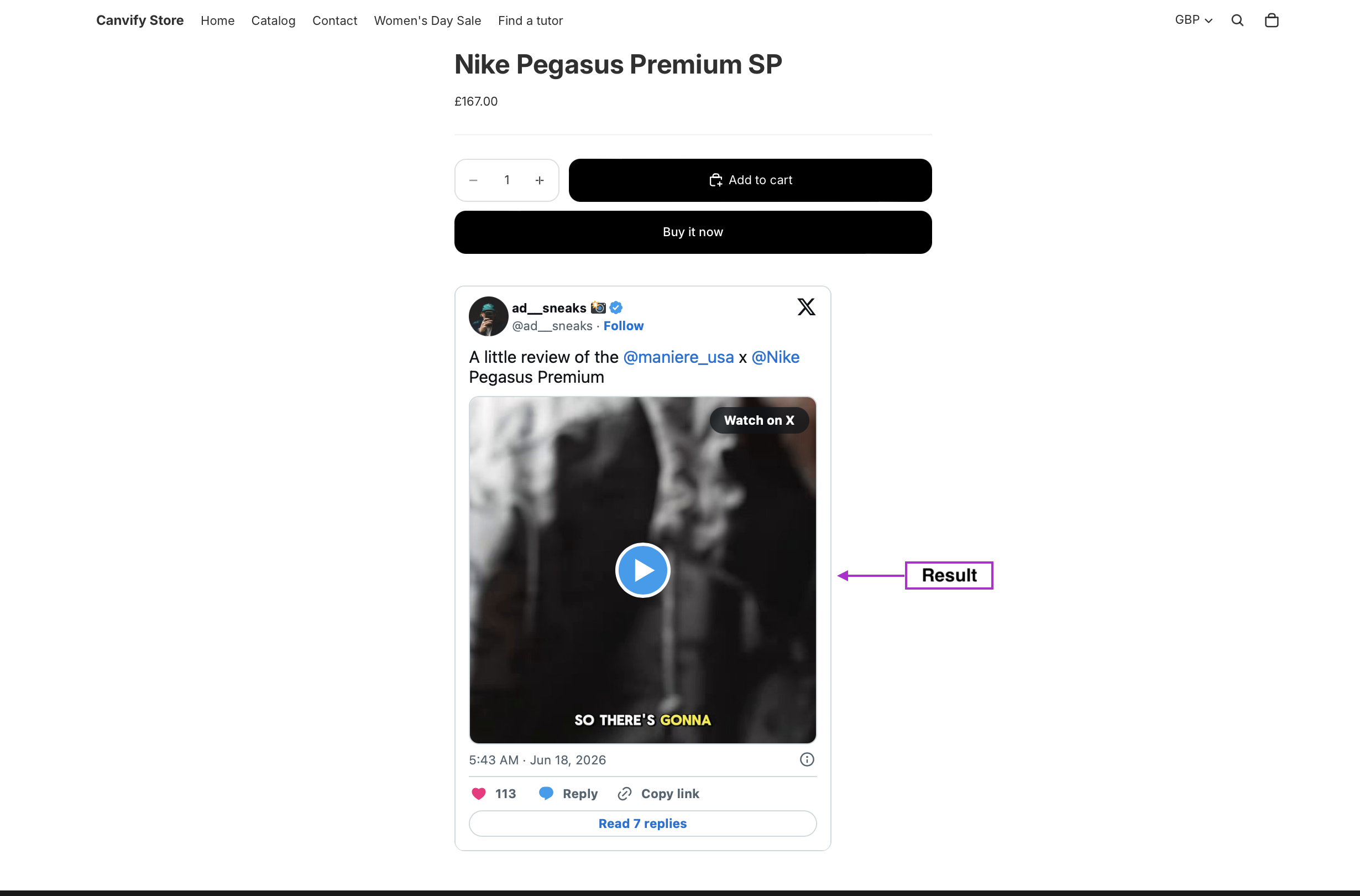 The tweet showing up live on the store page