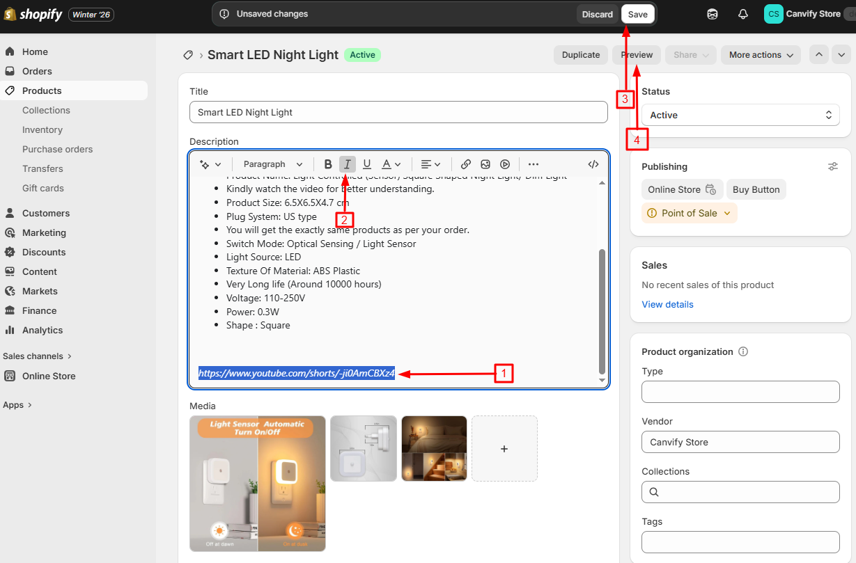 The link italicised in Shopify