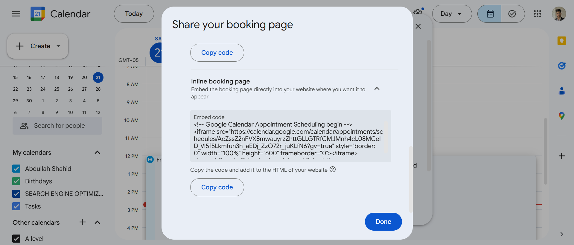 Paste embed code for calendar in Shopify