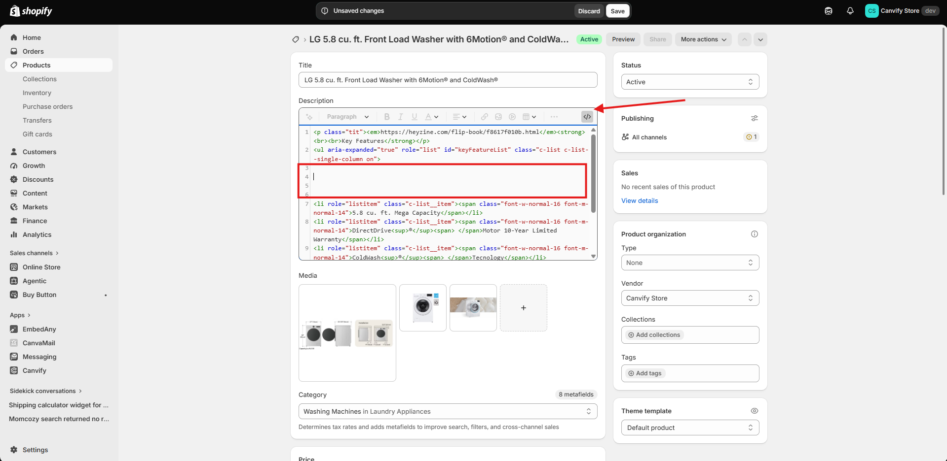 Paste an italicised Heyzine flipbook link into a Shopify product description