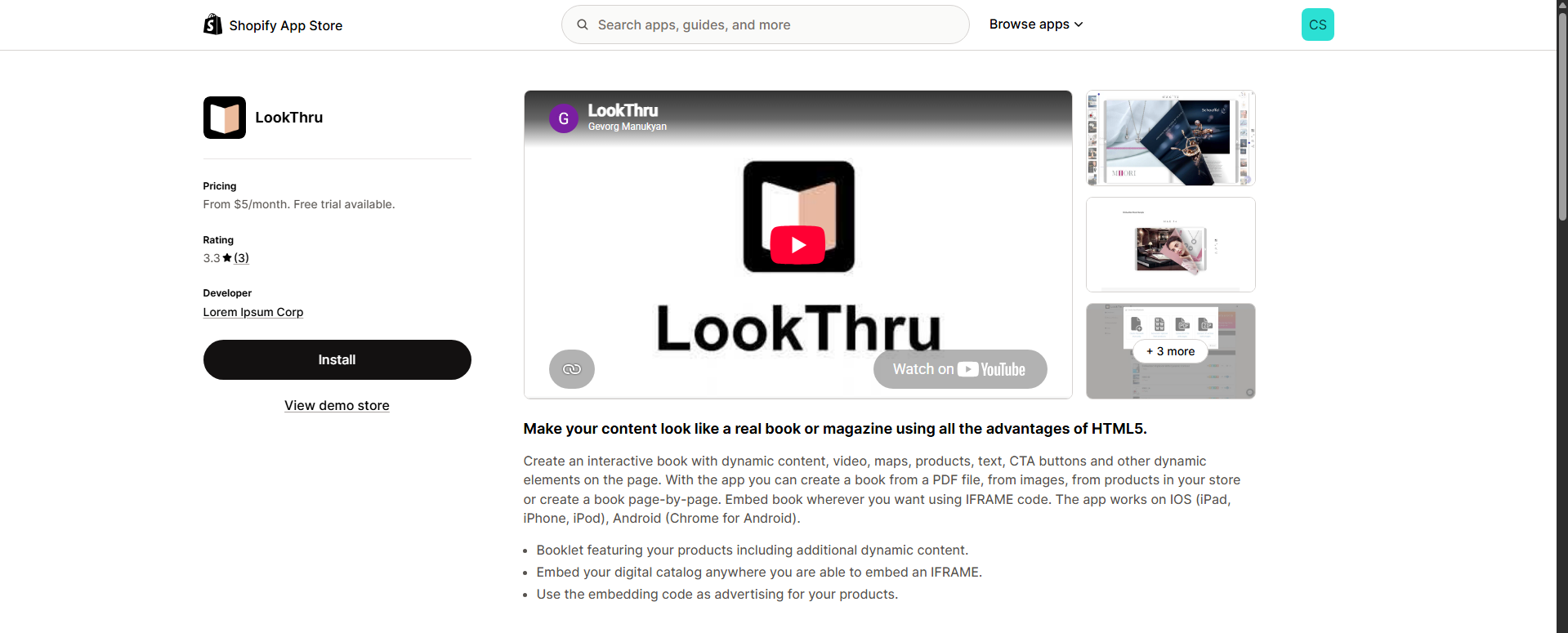 LookThru flipbook app listing in the Shopify App Store