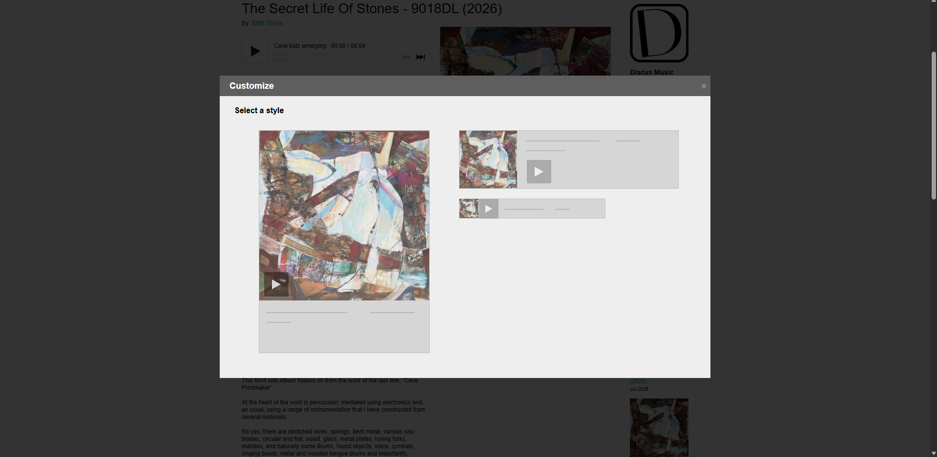 Bandcamp player embed-code customisation screen