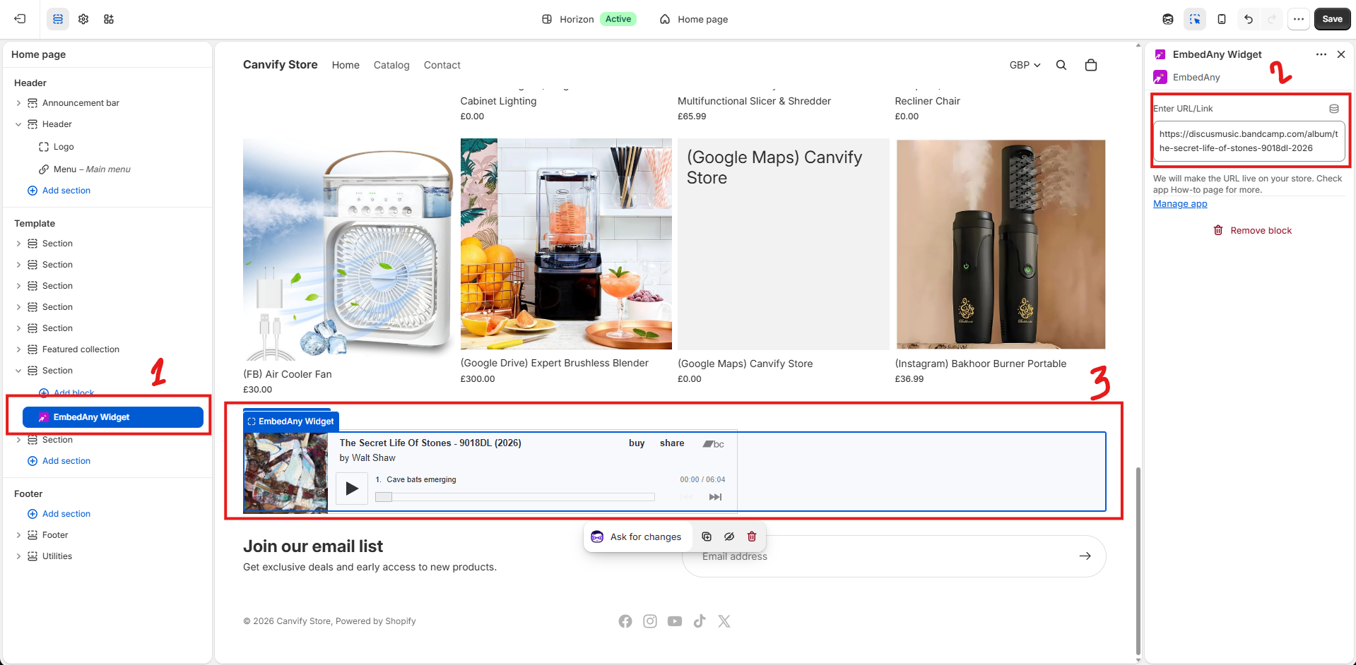 Bandcamp player added through an EmbedAny widget in the Shopify theme editor