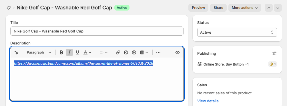 Bandcamp URL made italic in a Shopify product description