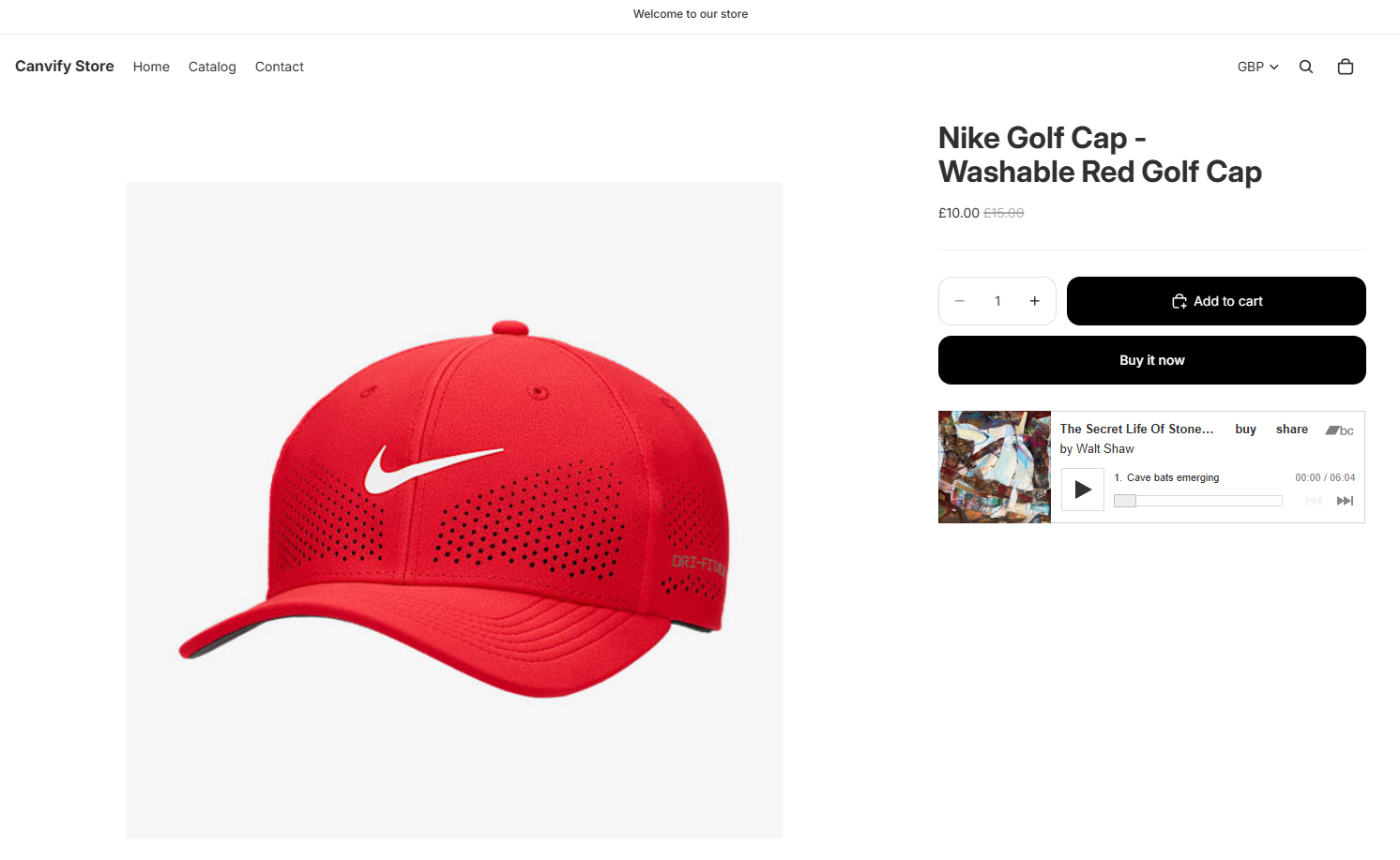 Bandcamp player displayed alongside a Shopify product