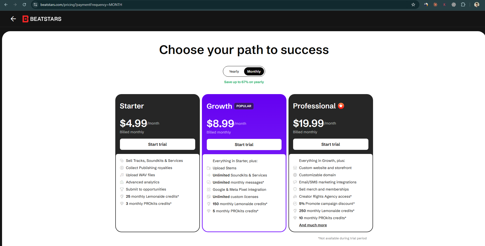 BeatStars monthly pricing plans showing Starter, Growth and Professional tiers