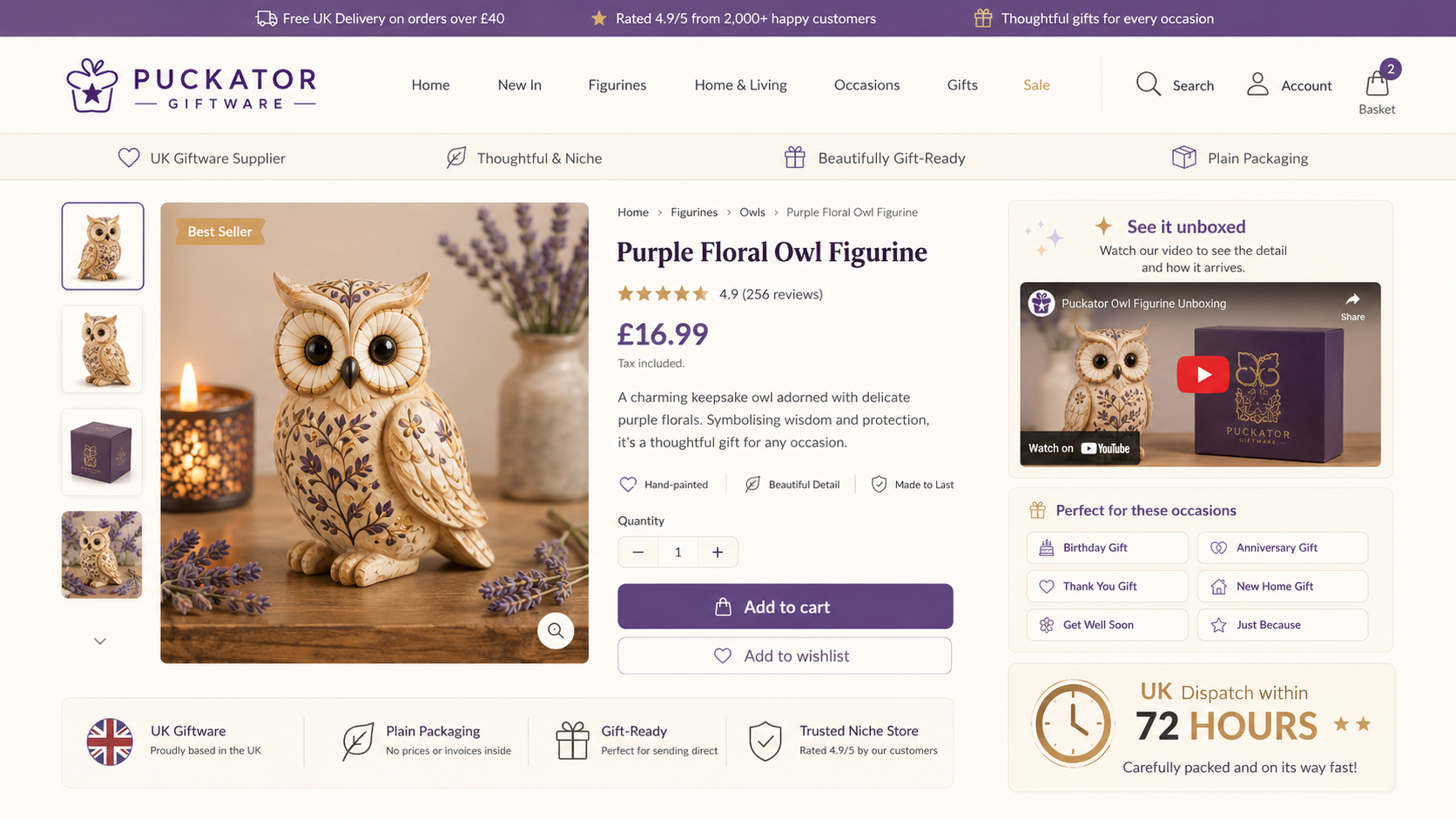 UK giftware Shopify store Puckator product page with embedded unboxing video