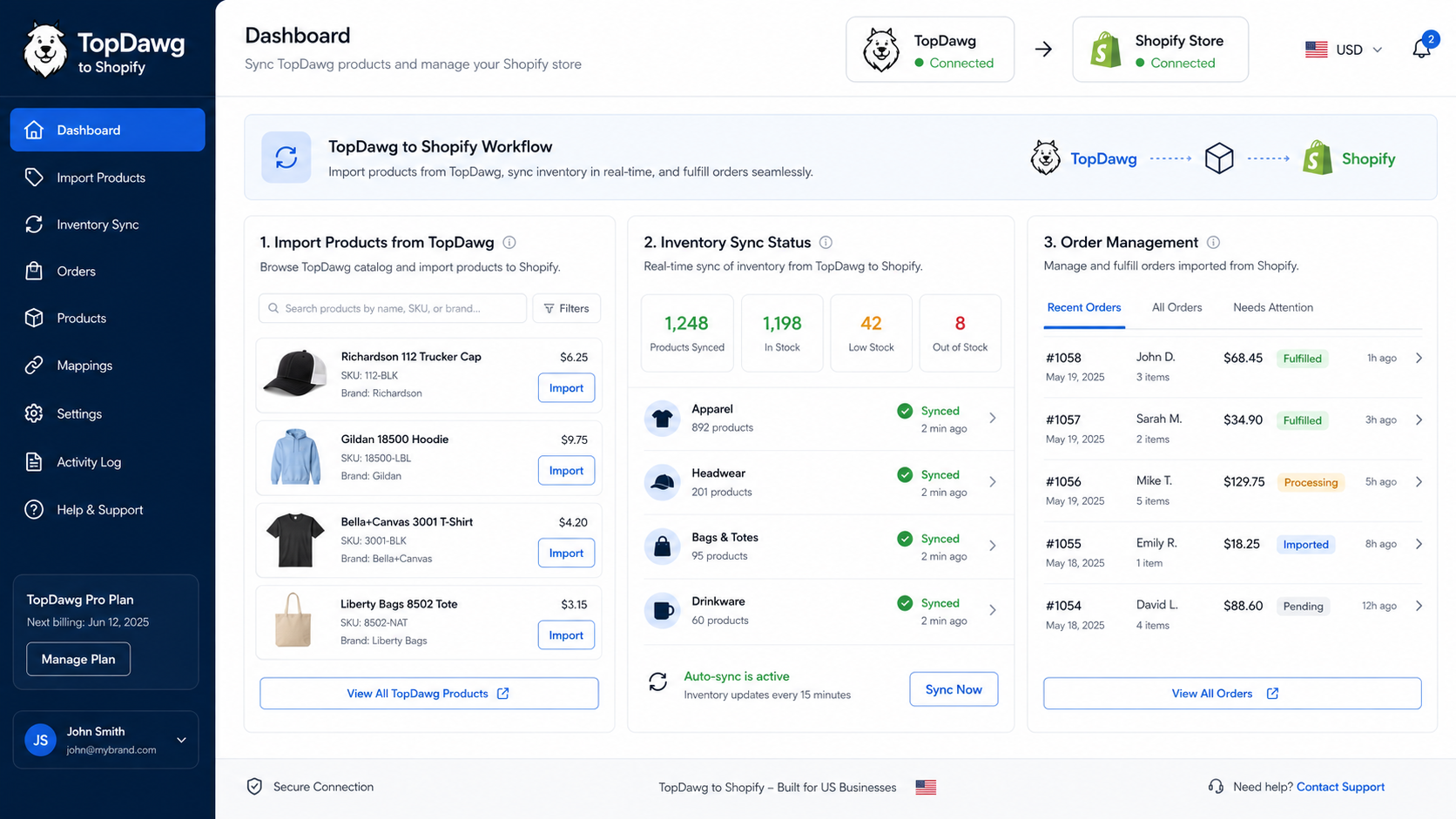 TopDawg Shopify app integration dashboard product import