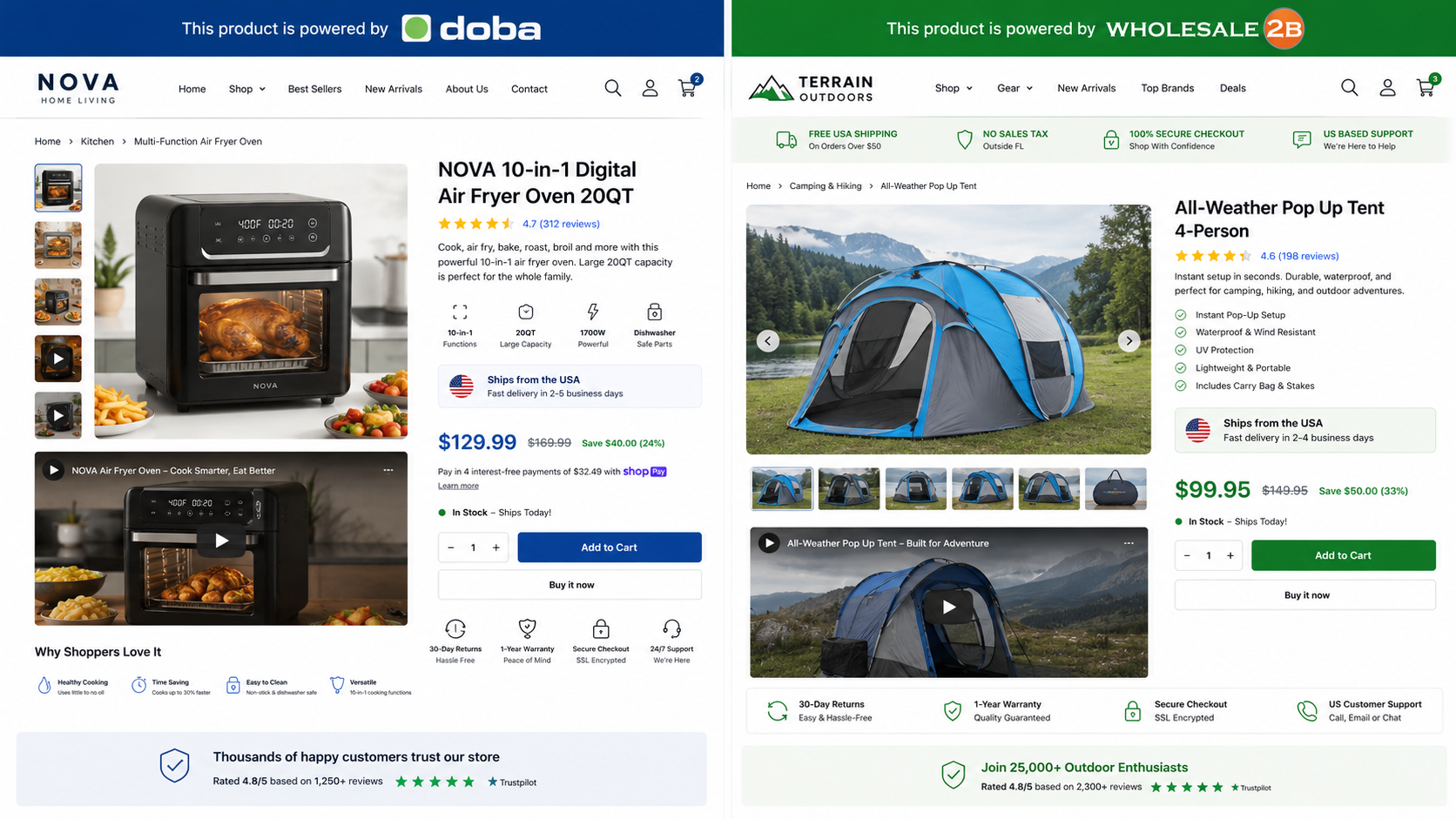 Shopify product pages Wholesale2B and Doba with embedded trust signals